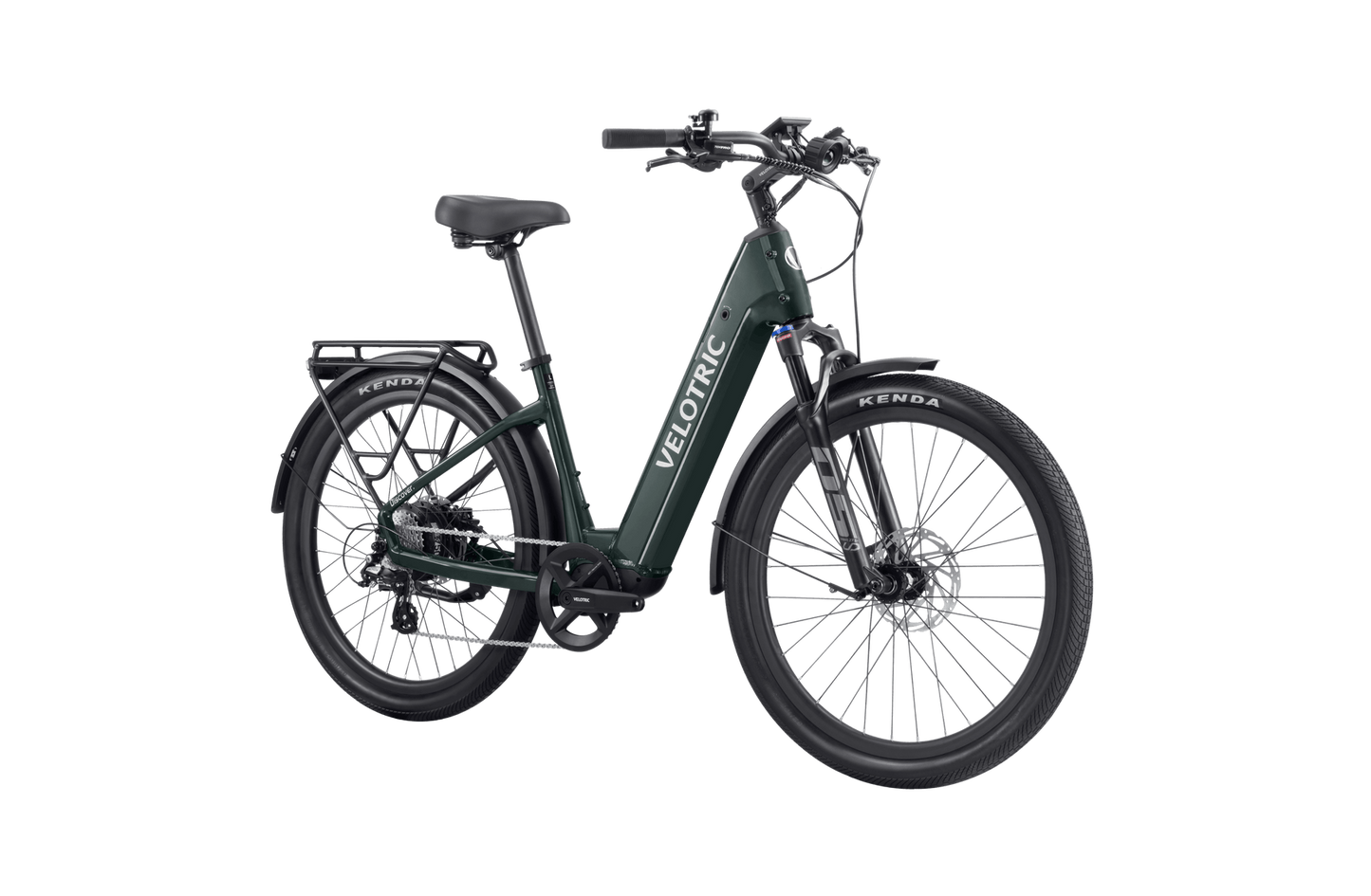 A dark green Velotric - Discover 2 Electric Bike with "Velotric" on the frame, featuring thick tires and a rear cargo rack, showcasing advanced eBike engineering. Ideal for exploring with Tampa Bay eBikes.