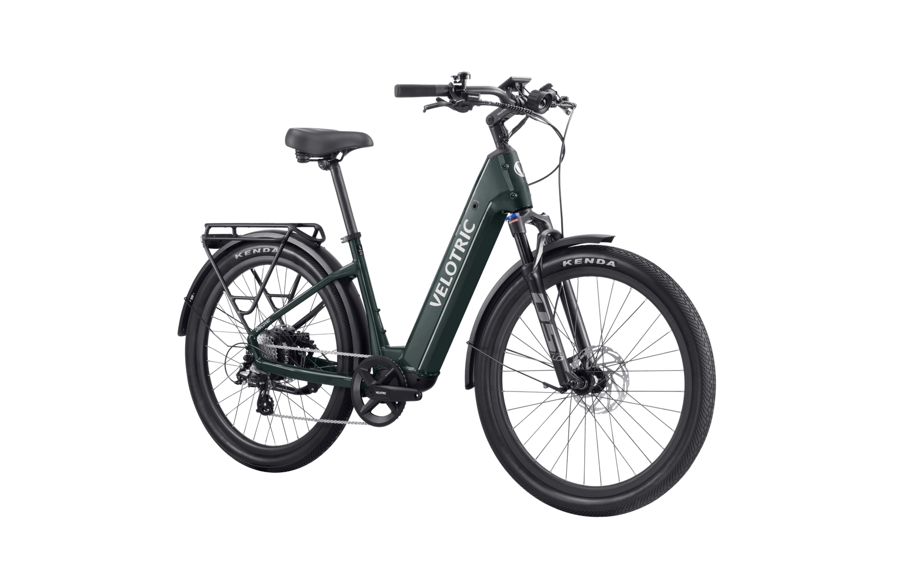 A dark green Velotric - Discover 2 Electric Bike with "Velotric" on the frame, featuring thick tires and a rear cargo rack, showcasing advanced eBike engineering. Ideal for exploring with Tampa Bay eBikes.