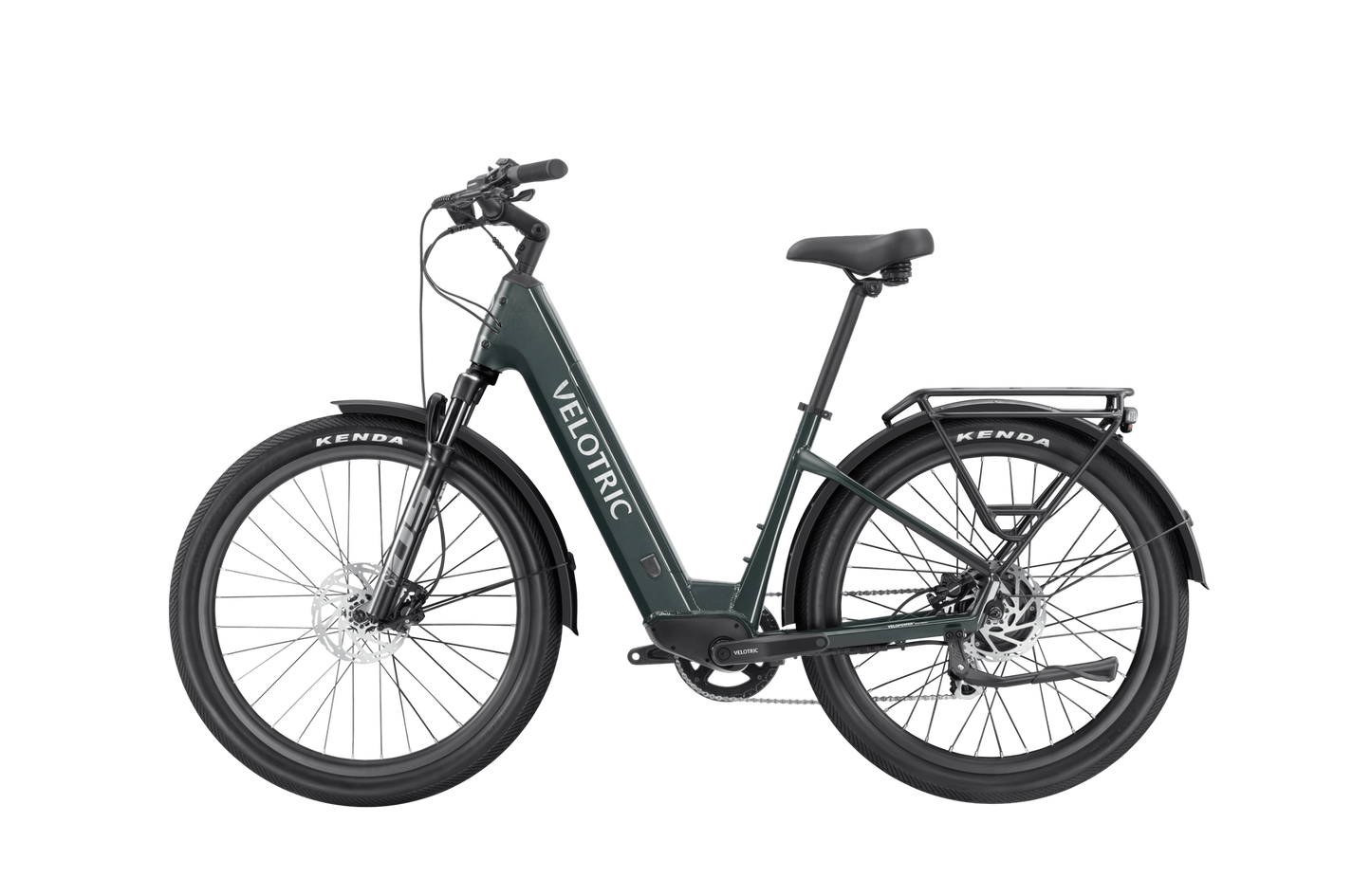 A black Velotric - Discover 2 with fat tires, a step-through frame, and a rear rack is shown against a plain background, showcasing advanced eBike engineering from Velotric.