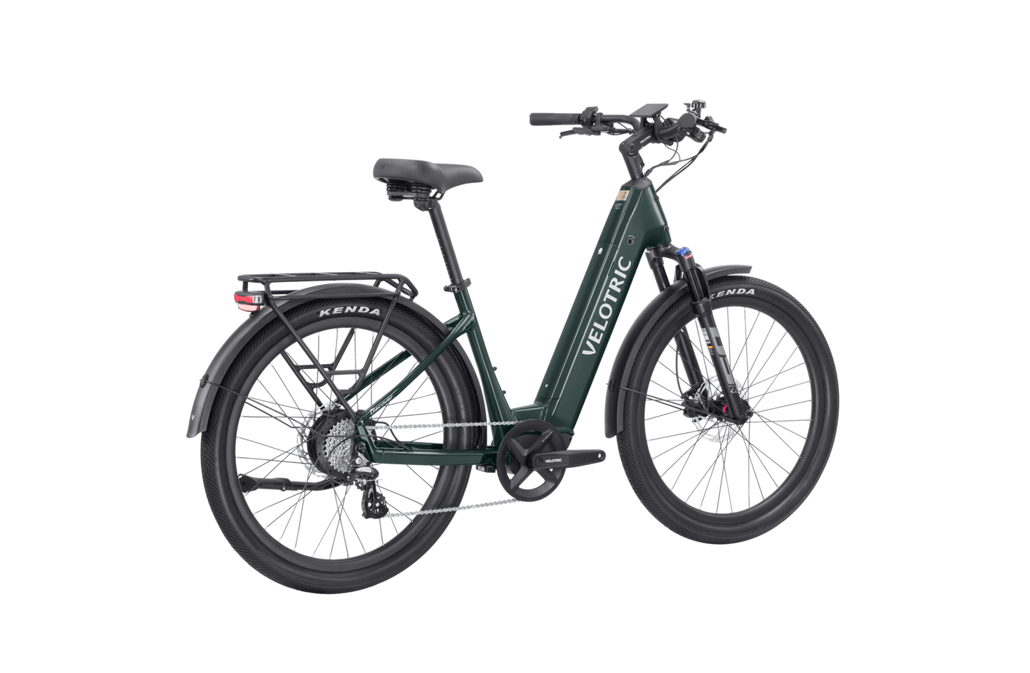 A green Velotric - Discover 2 with a step-through frame, rear rack, fenders, and Kenda tires. This Velotric eBike features a rear light, front suspension, and showcases advanced eBike engineering for a smooth ride.