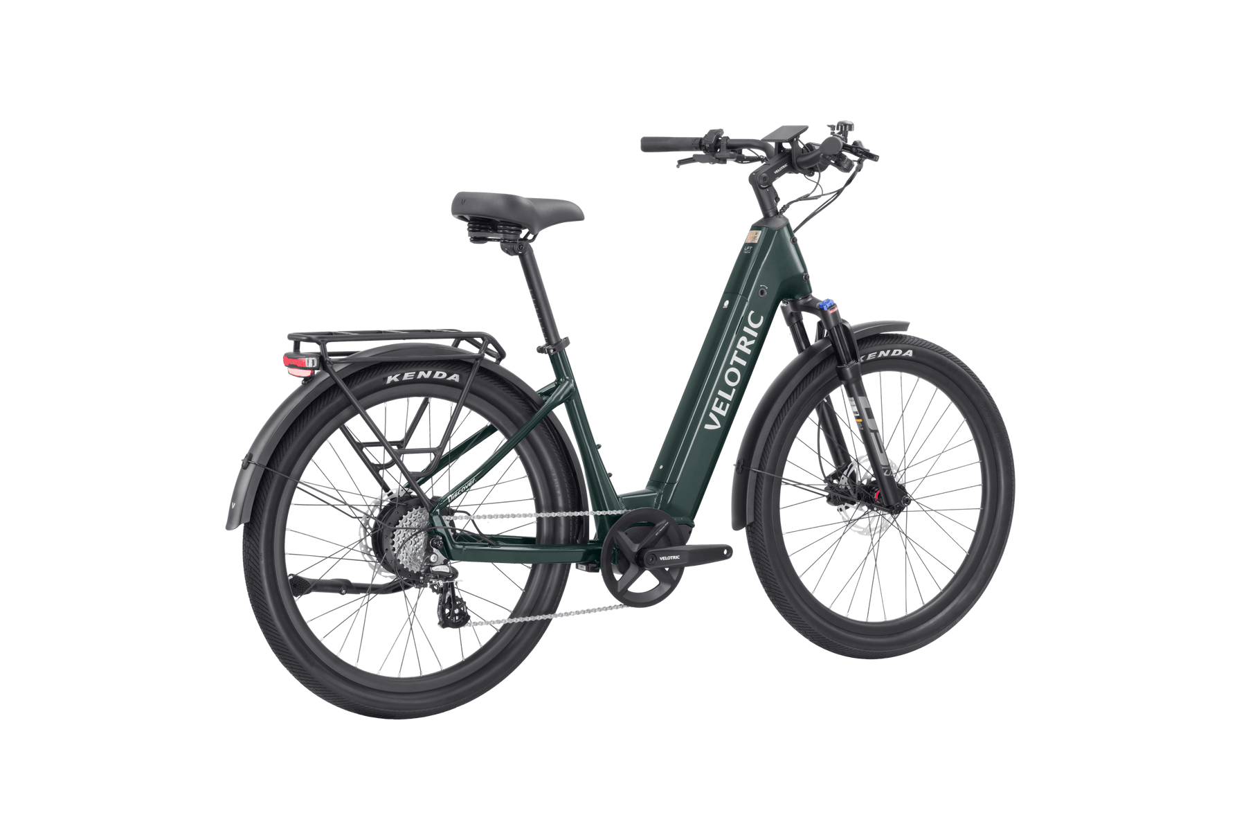 A green Velotric - Discover 2 with a step-through frame, rear rack, fenders, and Kenda tires. This Velotric eBike features a rear light, front suspension, and showcases advanced eBike engineering for a smooth ride.