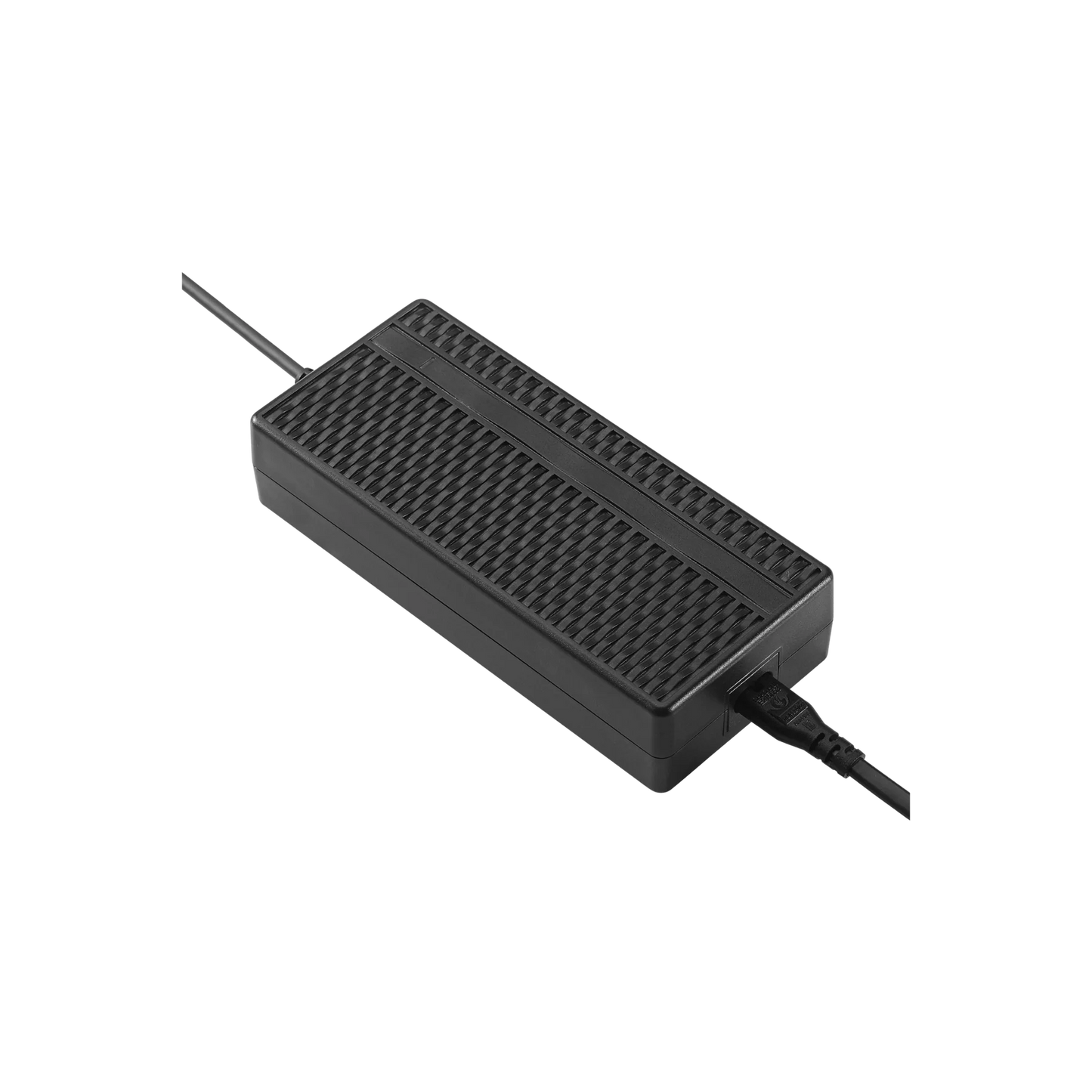 Black Velotric Discover 1 laptop charger with cables on both ends, isolated on a dark background.