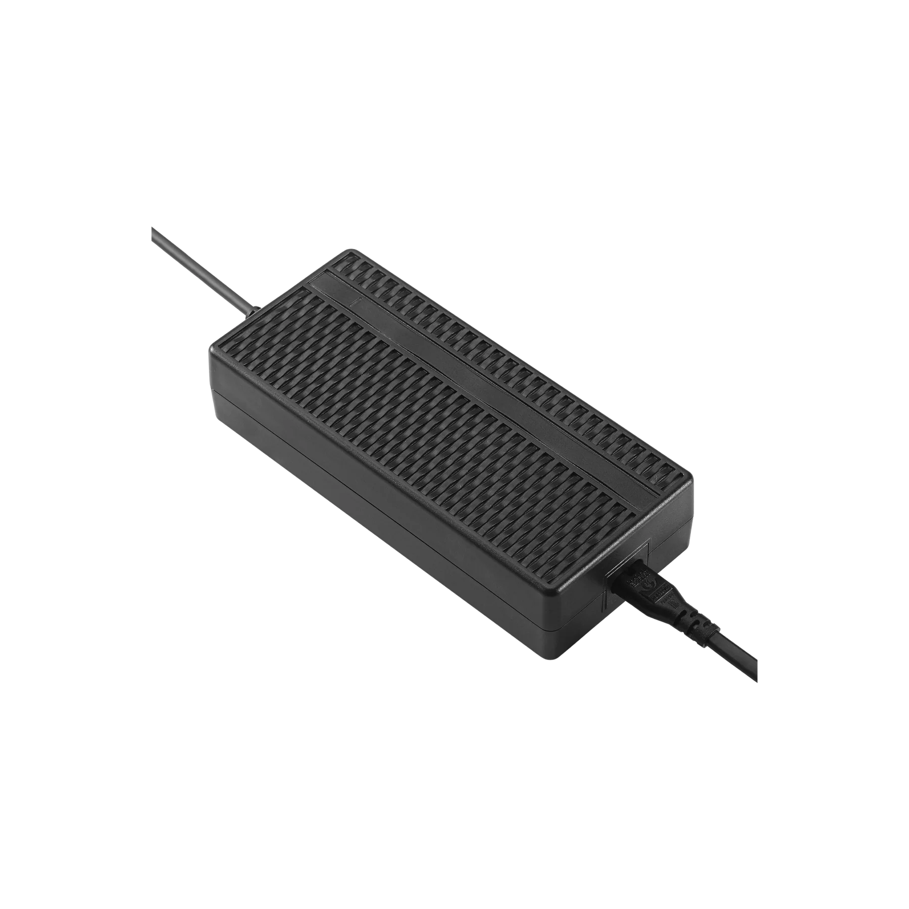 Black Velotric Discover 1 laptop charger with cables on both ends, isolated on a dark background.