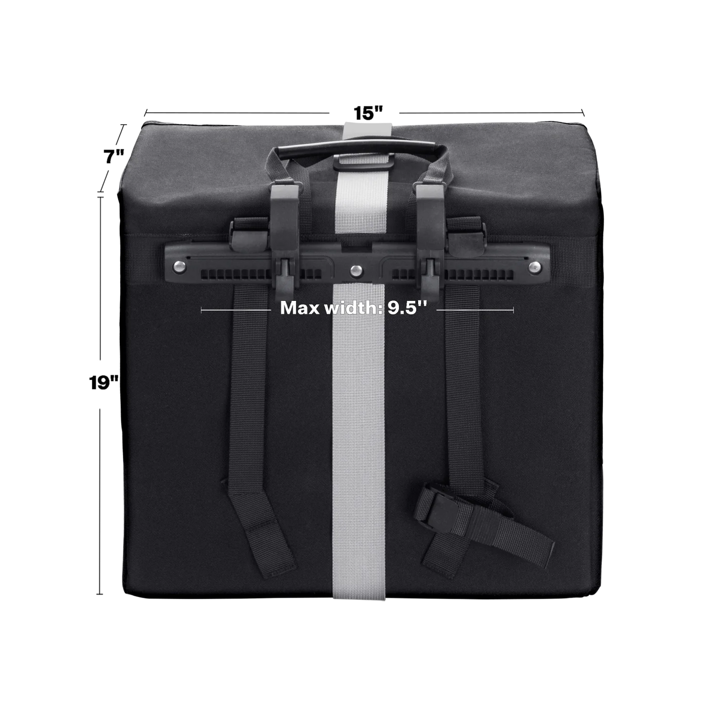 The Velotric Rear Rack Pannier Bag by Velotric is a black, waterproof rectangular eBike bag with a handle, adjustable straps, a white center stripe, and a label showing max width of 9.5 inches.