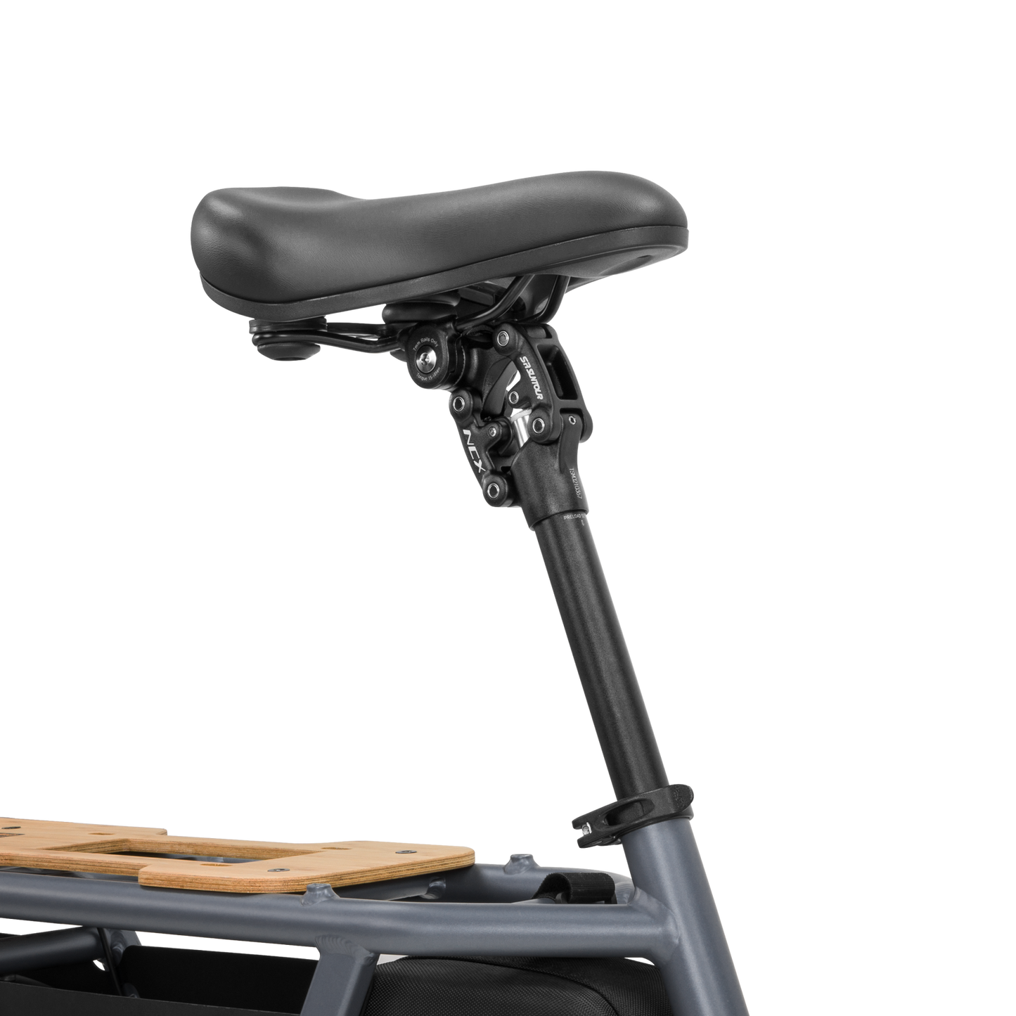 Close-up of Velotric's anodized black Suspension Seatpost 2.0, attached to a sleek gray bike frame.