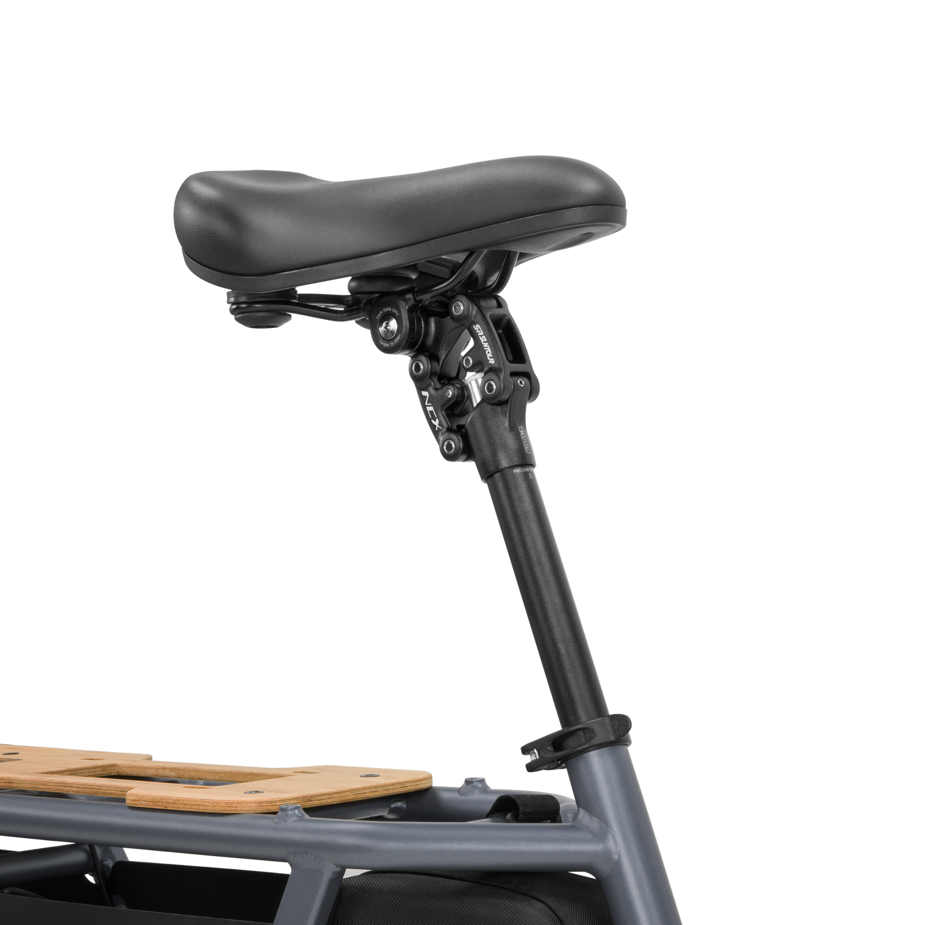 Close-up of Velotric's anodized black Suspension Seatpost 2.0, attached to a sleek gray bike frame.