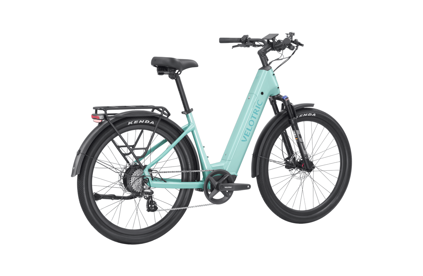 The Velotric - Discover 2 Electric Bike in teal features thick black tires, front and rear fenders, and a rear cargo rack. The frame is labeled "Velotric," showcasing advanced eBike engineering.