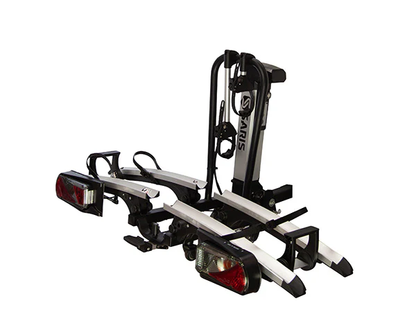 The Saris - Door County 2-Bike Motorized Hitch Rack by Hollywood Racks features a robust metallic frame, secure vehicle straps, and tail lights, perfect for electric bikes.