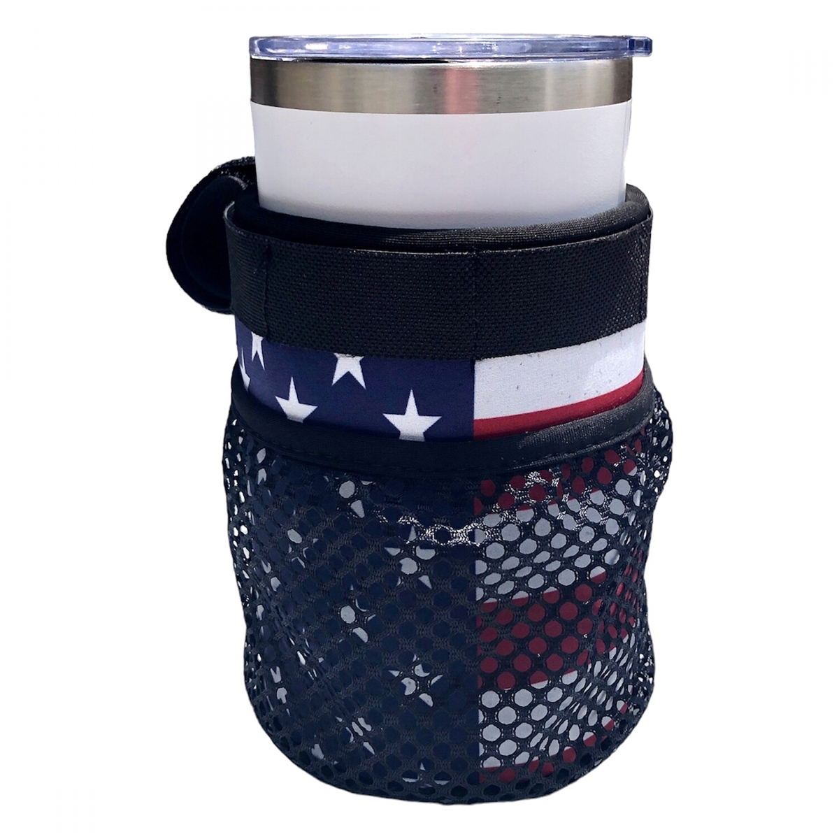 The Color Splash Drink Holder by Color Splash features an American flag pattern, neoprene material, and a black mesh pocket for your tumbler.