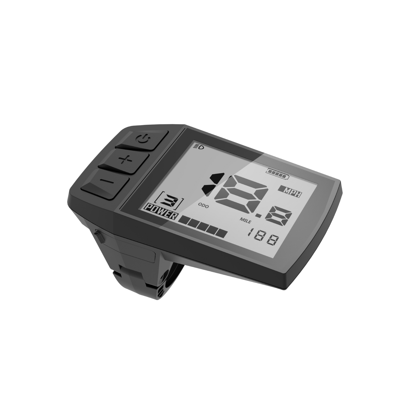 The Velotric - Fold 1 Display by Velotric features control buttons and a high brightness monochrome screen showing speed, battery level, odometer, and cycling stats, with an adjustable angle for optimal viewing.