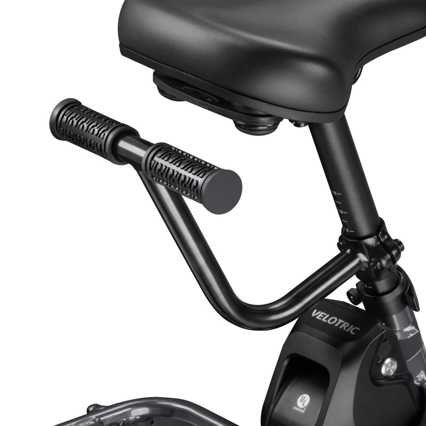 Close-up of the Velotric Passenger Handrail and part of the seat on a Velotric bike, highlighting the brand name on the frame—designed to enhance passenger safety and improve rear rack stability.