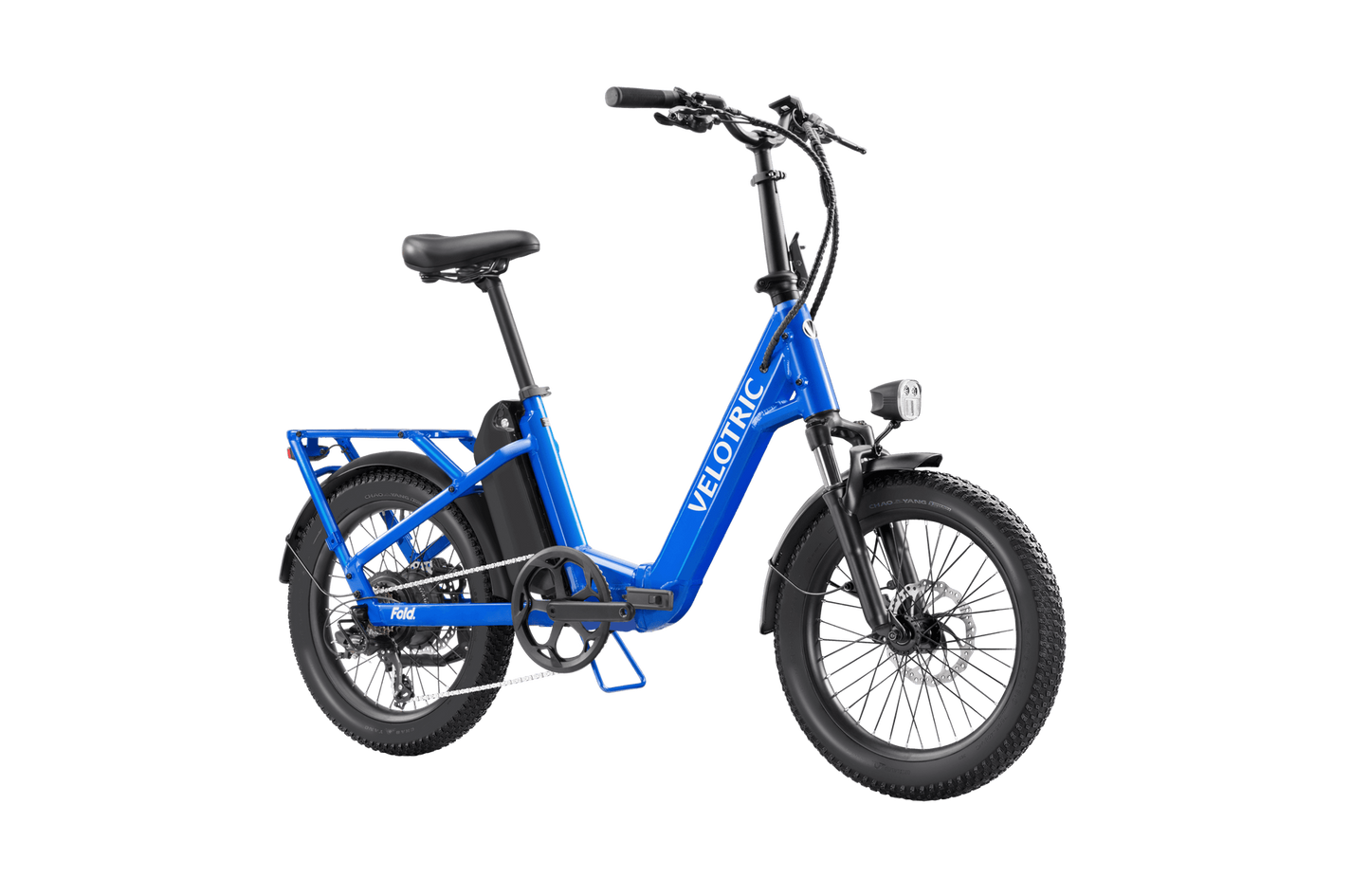 A blue Velotric - Fold 1 electric folding bicycle with thick tires and a rear rack, displayed against a black background.