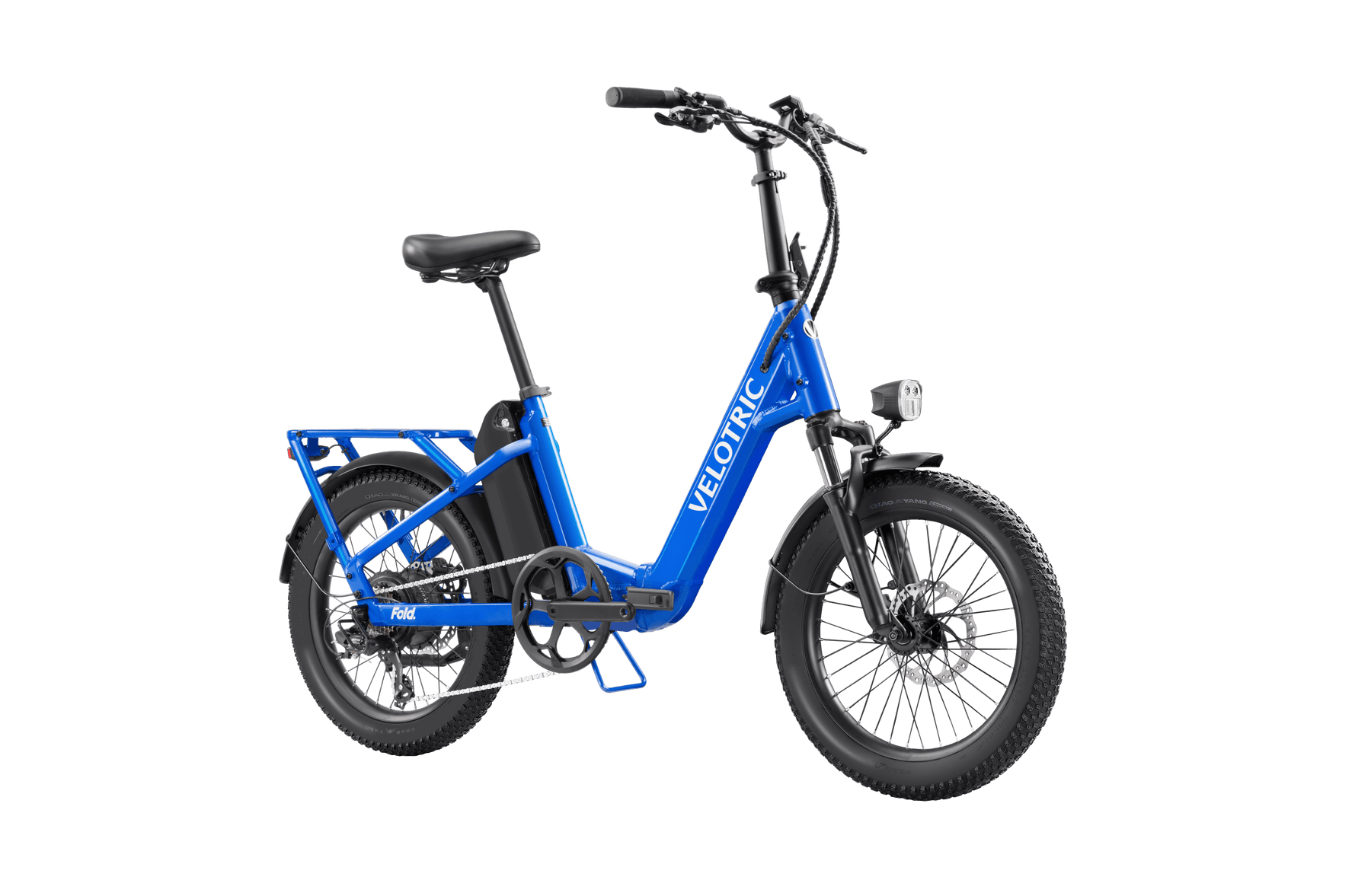 A blue Velotric - Fold 1 electric folding bicycle with thick tires and a rear rack, displayed against a black background.
