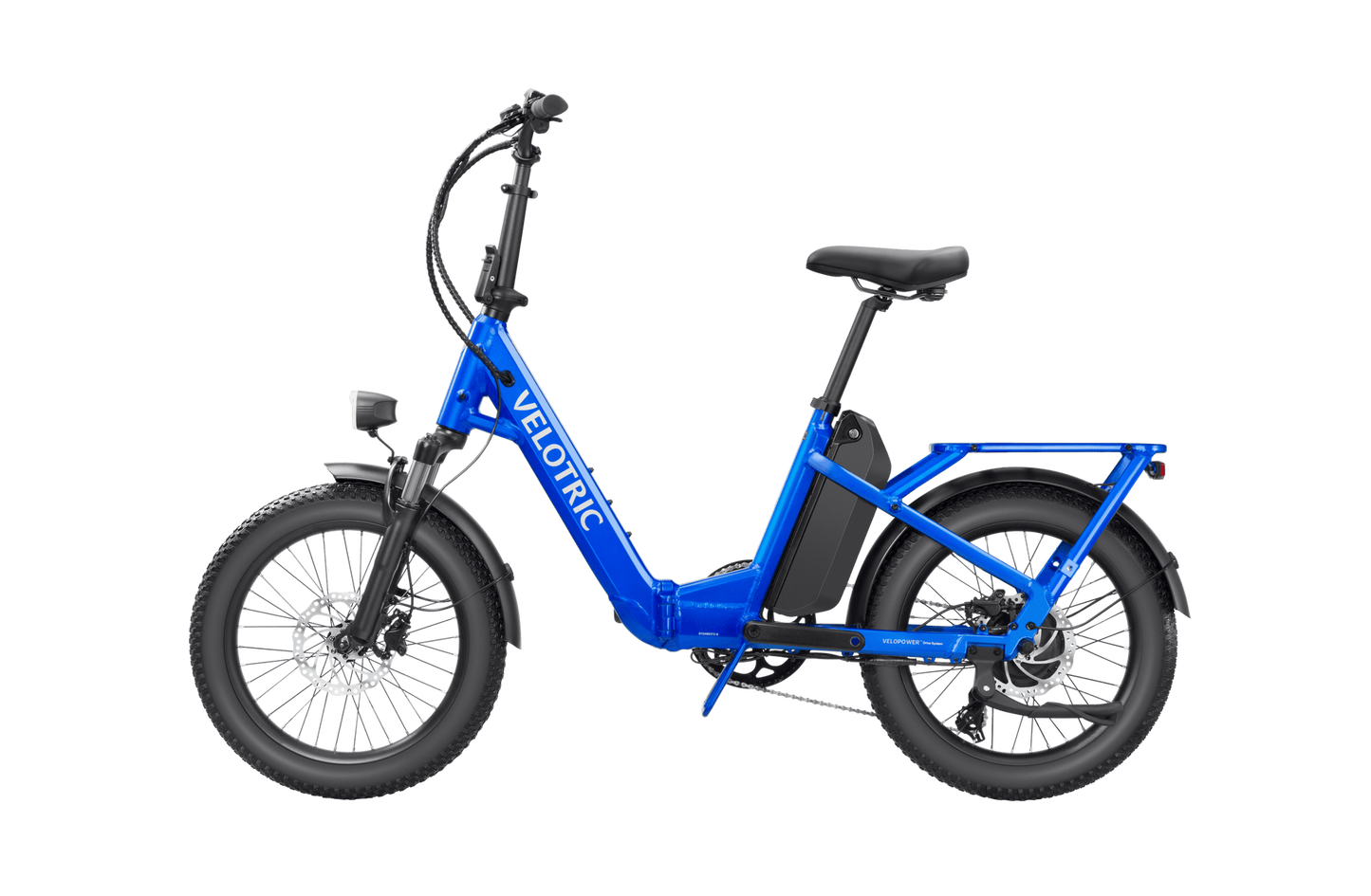 Velotric - Fold 1 electric folding bike with thick tires and a rear rack, displayed against a black background.