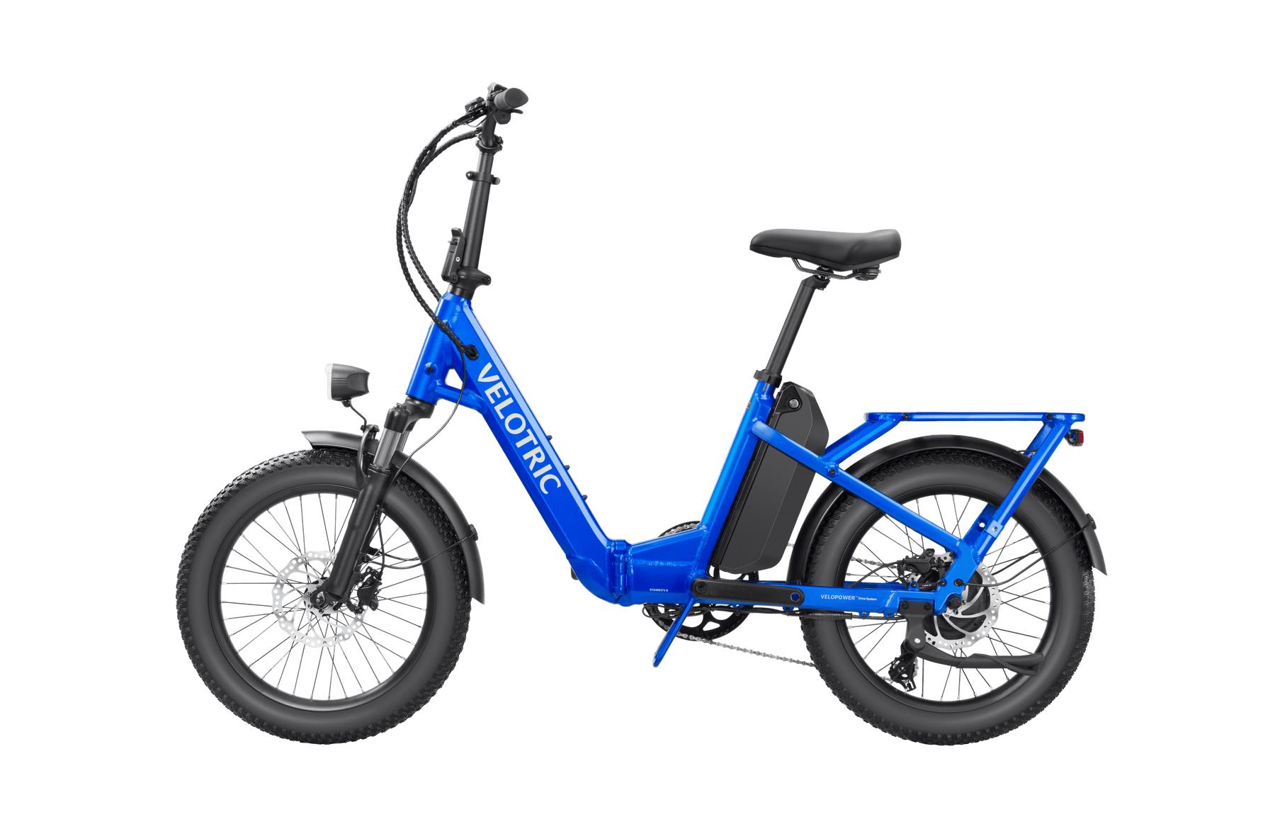 Velotric - Fold 1 electric folding bike with thick tires and a rear rack, displayed against a black background.
