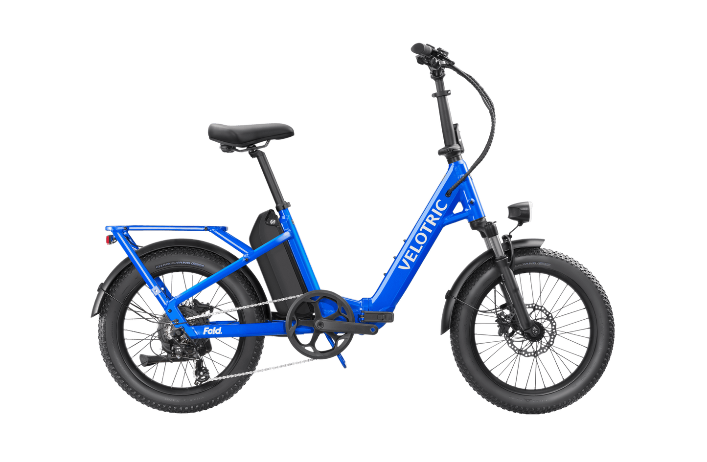 A blue Velotric Fold 1 electric folding bike with visible Velotric branding and thick tires, showcased against a black background.