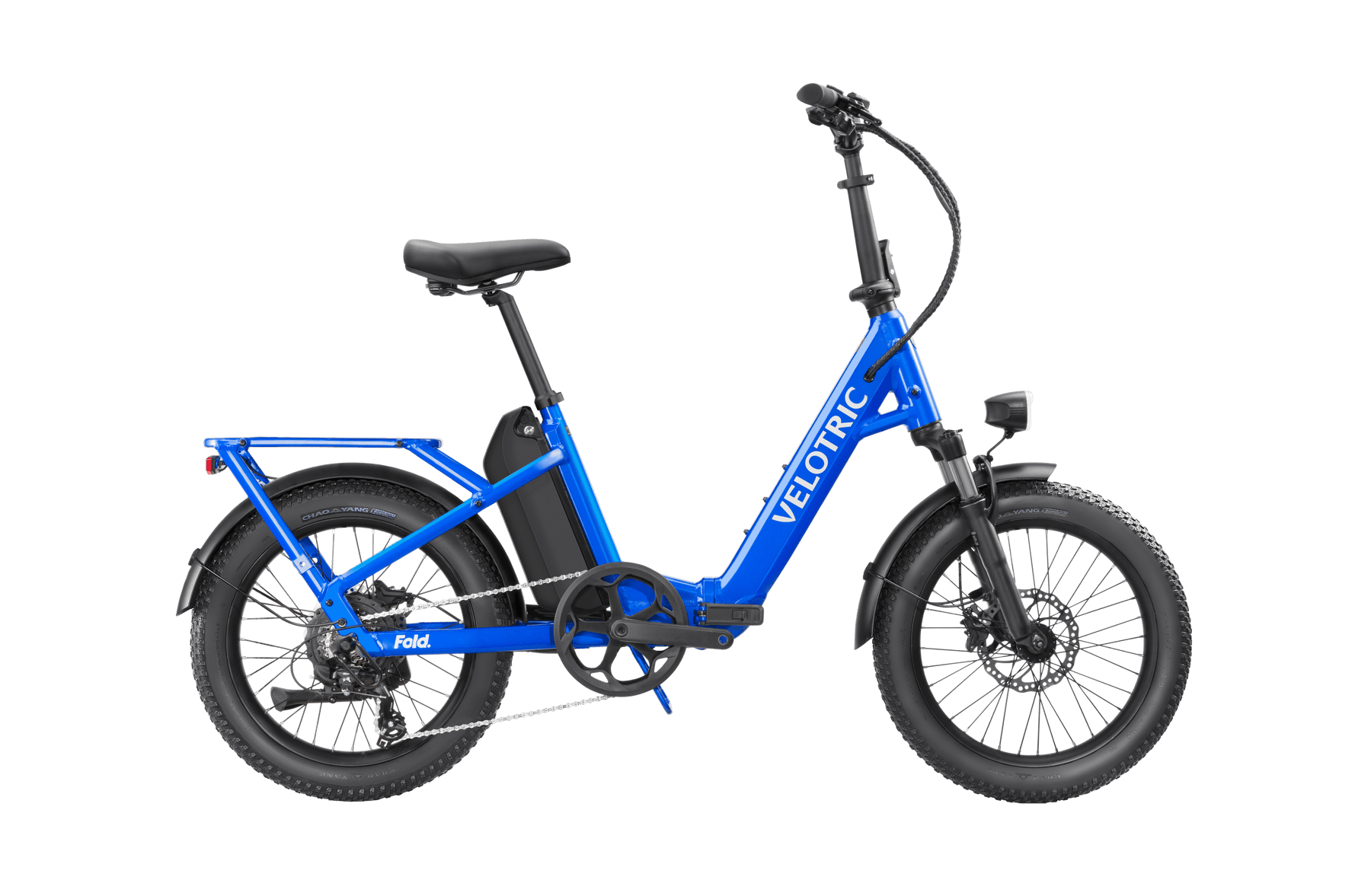 A blue Velotric Fold 1 electric folding bike with visible Velotric branding and thick tires, showcased against a black background.