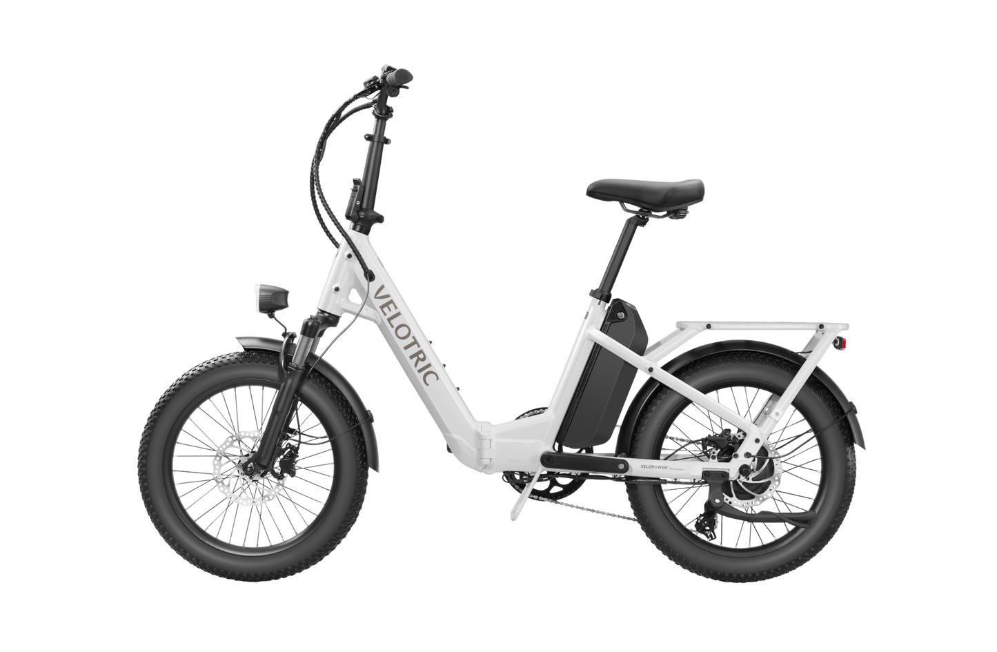 Velotric - Fold 1 electric bike with thick tires and a sturdy frame, featuring a front light and a visible battery pack, shown against a black background.