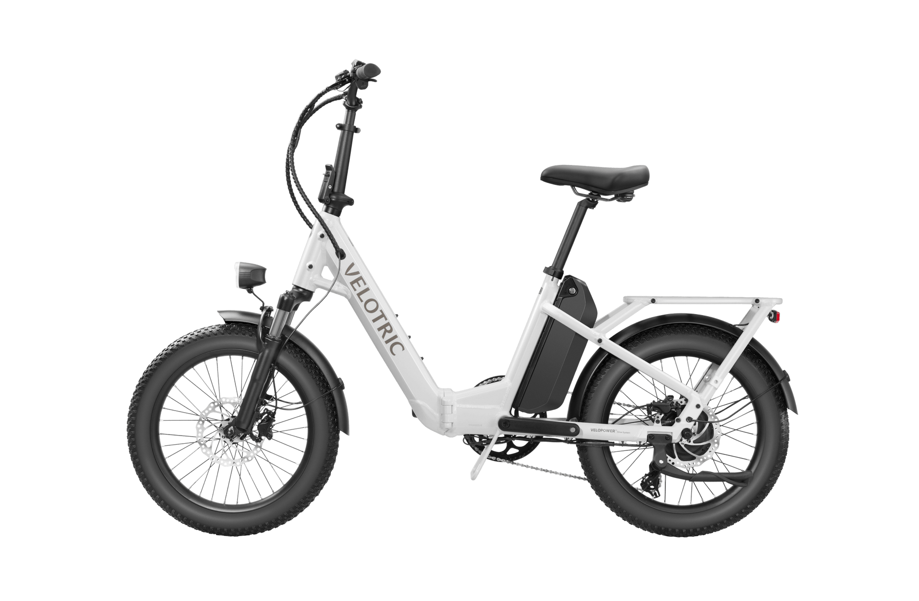 Velotric - Fold 1 electric bike with thick tires and a sturdy frame, featuring a front light and a visible battery pack, shown against a black background.