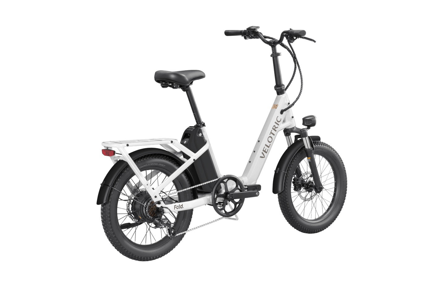 Velotric - Fold 1, a white and black foldable electric bike with a rear carrier, set against a black background.