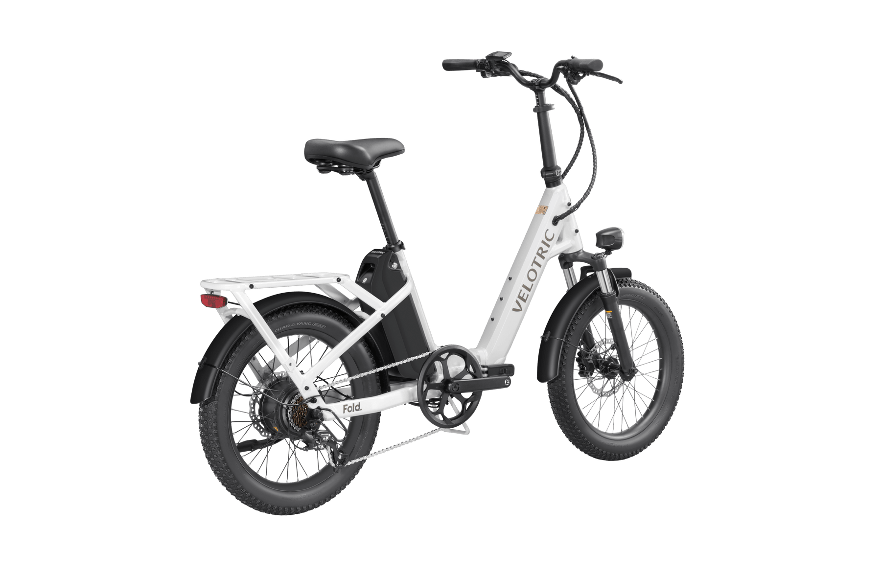 Velotric - Fold 1, a white and black foldable electric bike with a rear carrier, set against a black background.