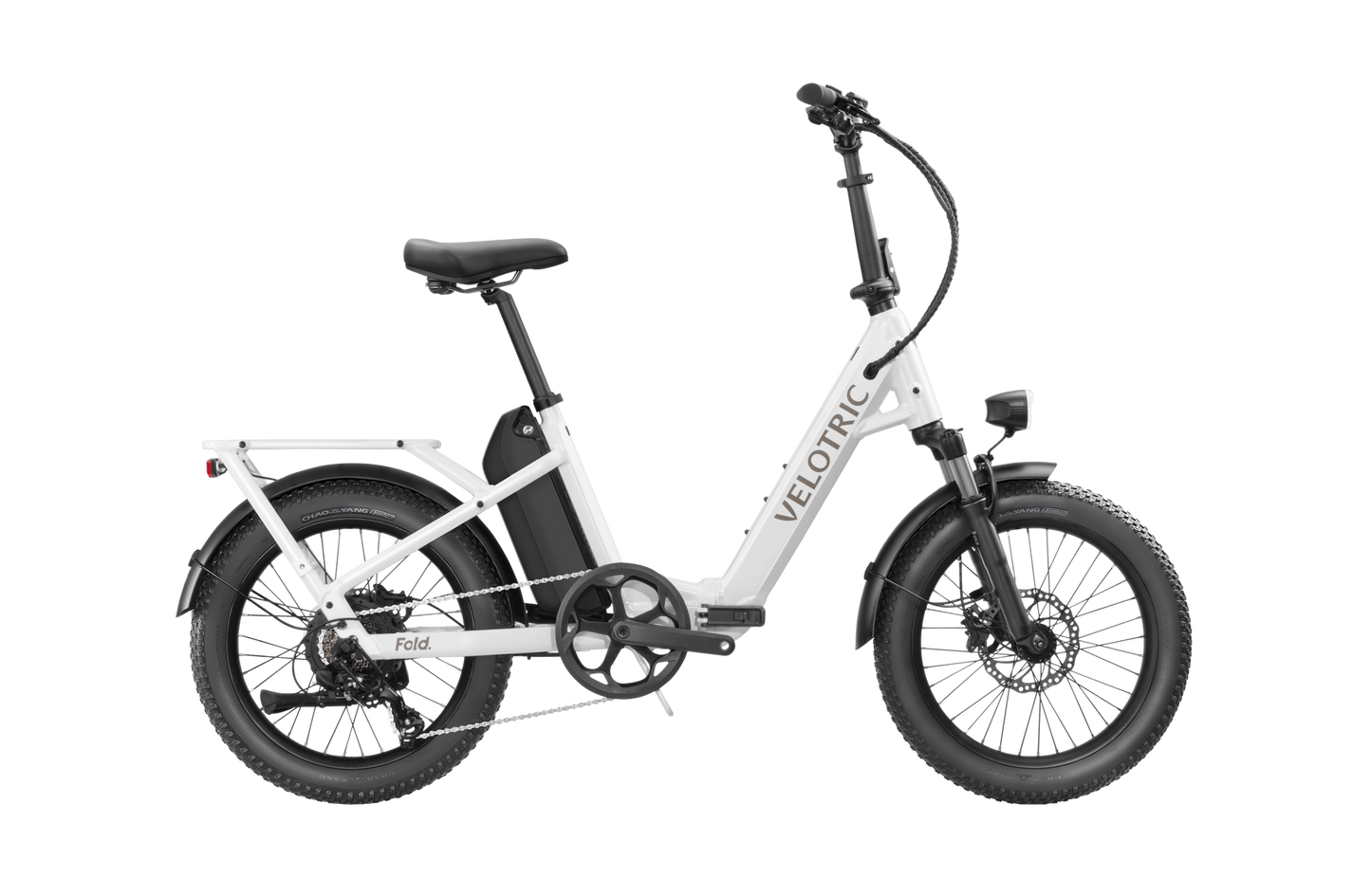 An electric folding bike with a white frame and black accents, featuring a prominent battery pack and disc brakes, the Velotric Fold 1 stands out in style.