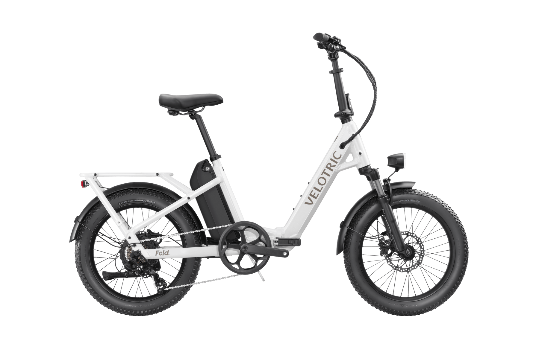 An electric folding bike with a white frame and black accents, featuring a prominent battery pack and disc brakes, the Velotric Fold 1 stands out in style.
