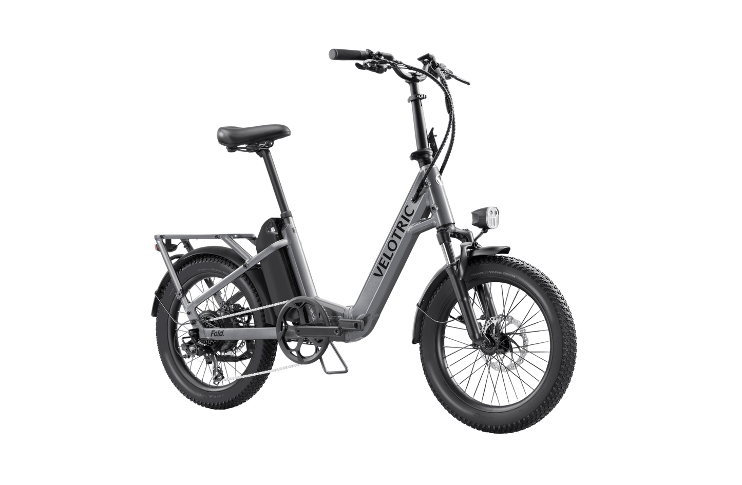 Foldable eBike with text "Velotric - Fold 1" on the frame, displayed against a solid black background.
