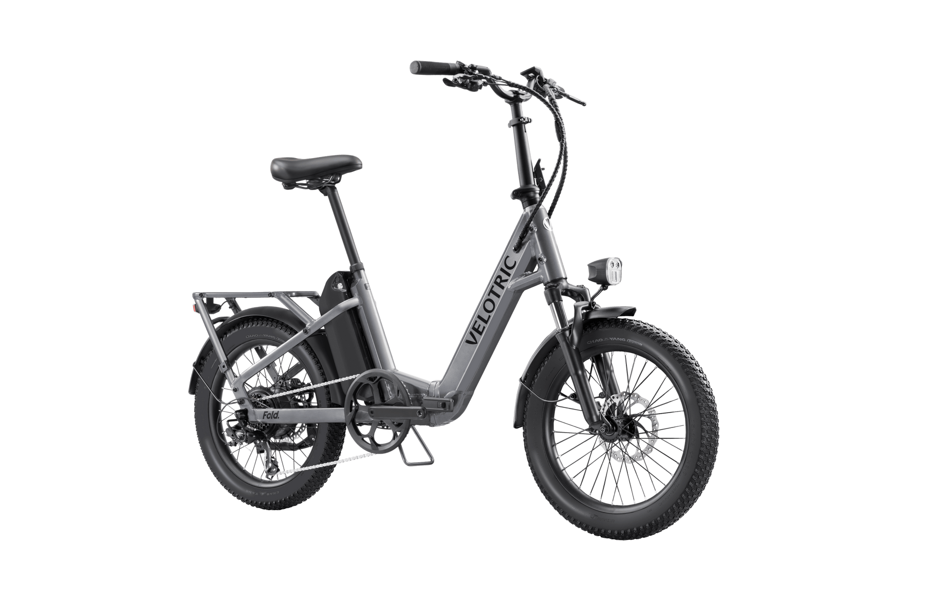 Foldable eBike with text "Velotric - Fold 1" on the frame, displayed against a solid black background.