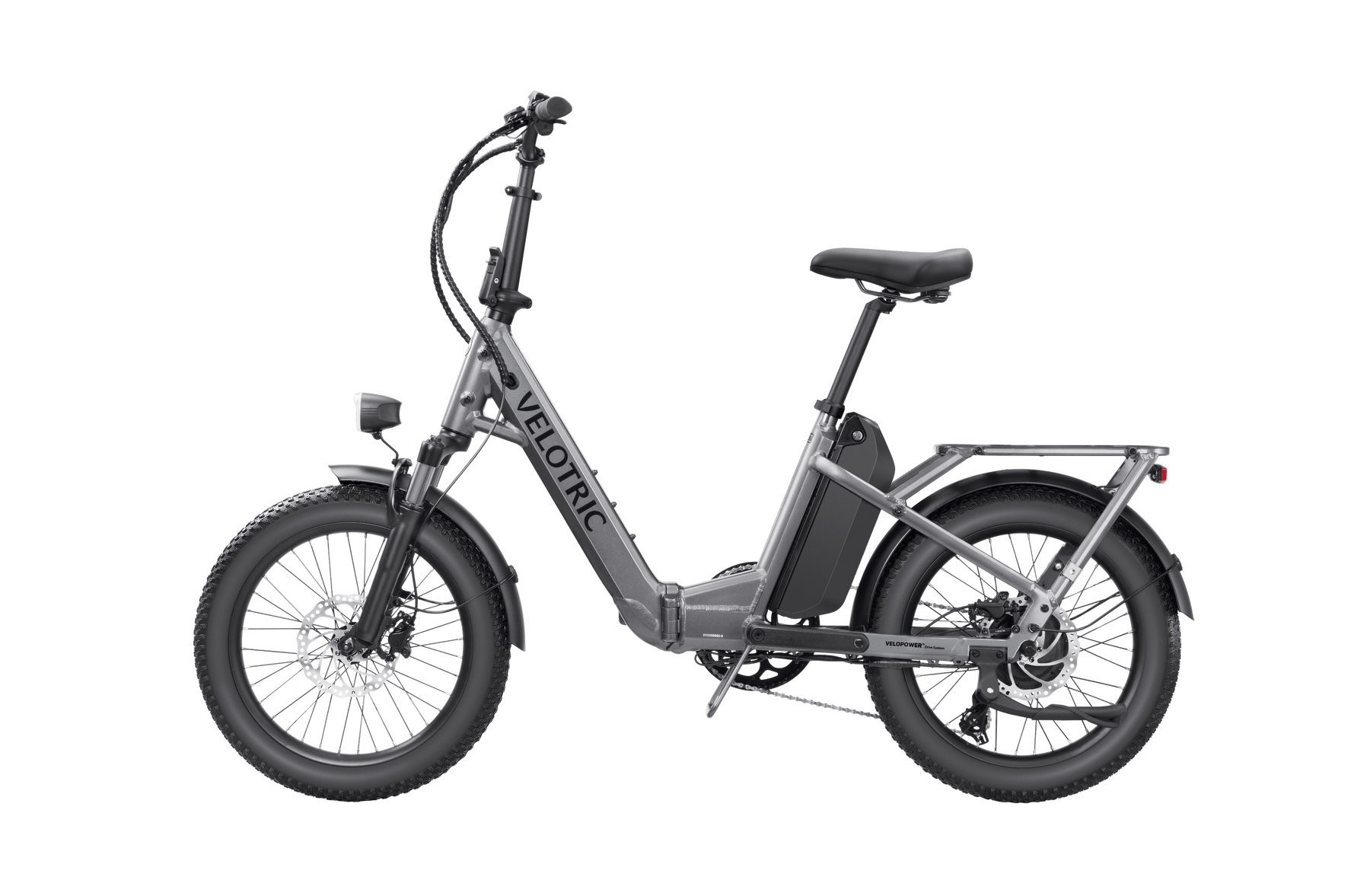 An Velotric electric folding eBike with thick tires and a prominent battery mounted on the frame, displayed on a black background.