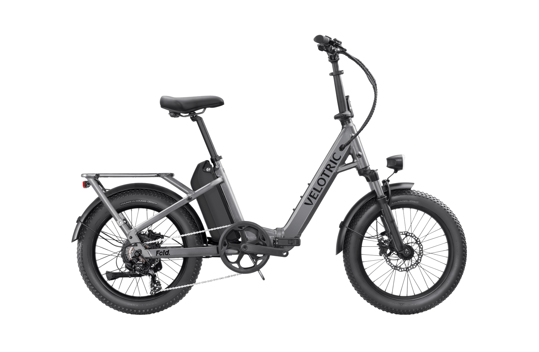 Folded Velotric - Fold 1 with visible branding, featuring a step-through frame and rear wheel mudguard, isolated on a black background.