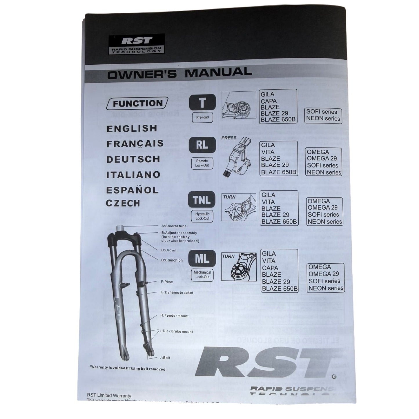 ElectricAllWheel RST Guide Dual Crown Fork (26” Fat Tire) + Motorcycle Style LED Headlight Kit manual cover: front fork diagram, specs, function translations, model names for 26” fat tire e-bikes, and a brief warranty note at the bottom.