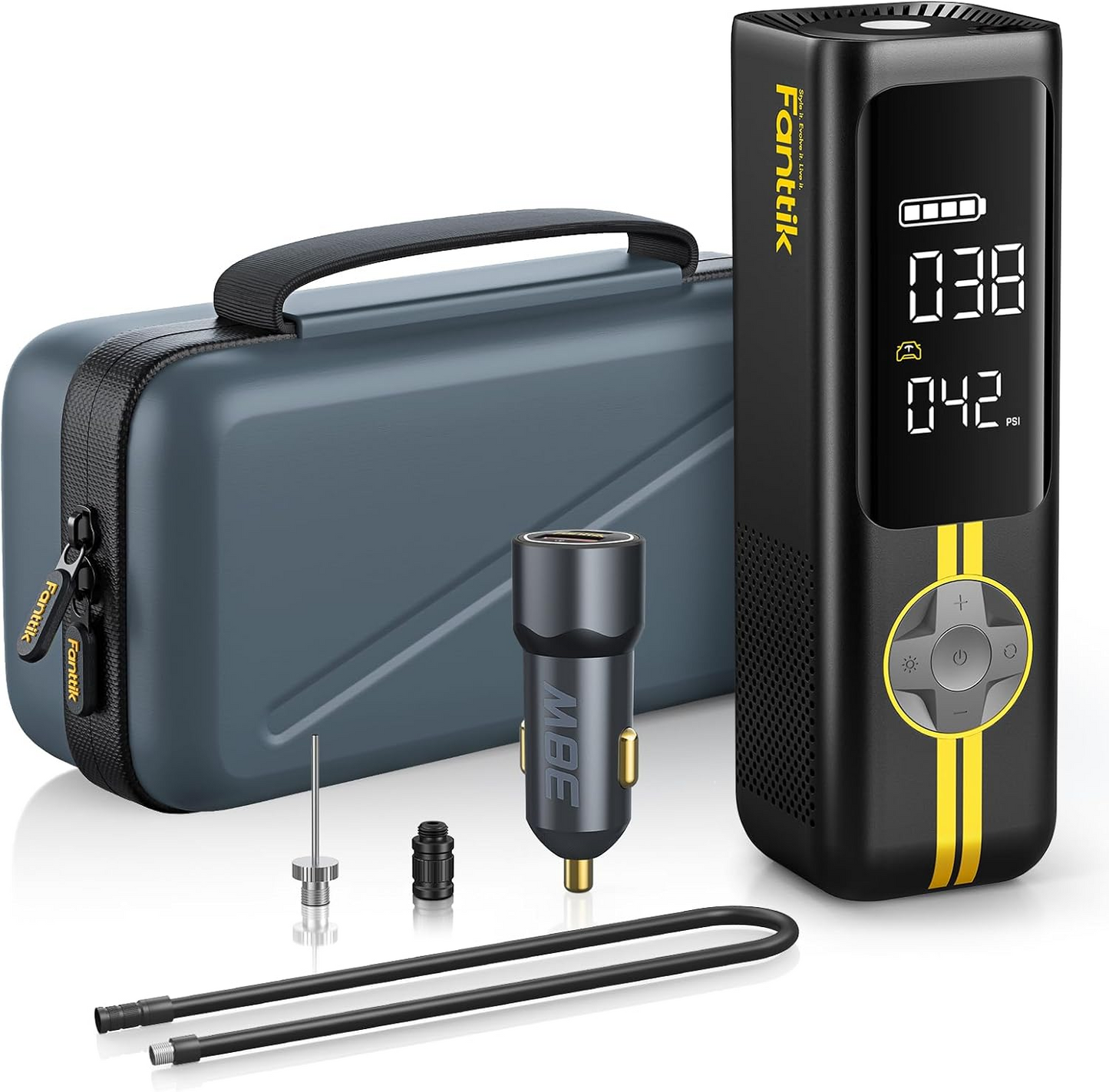 The Fanttik X8 APEX Set by Fanttik is a portable air pump with digital display, carrying case, multiple nozzles, power adapter, and air hose—designed for fast precision inflation and shown arranged neatly on a white background.
