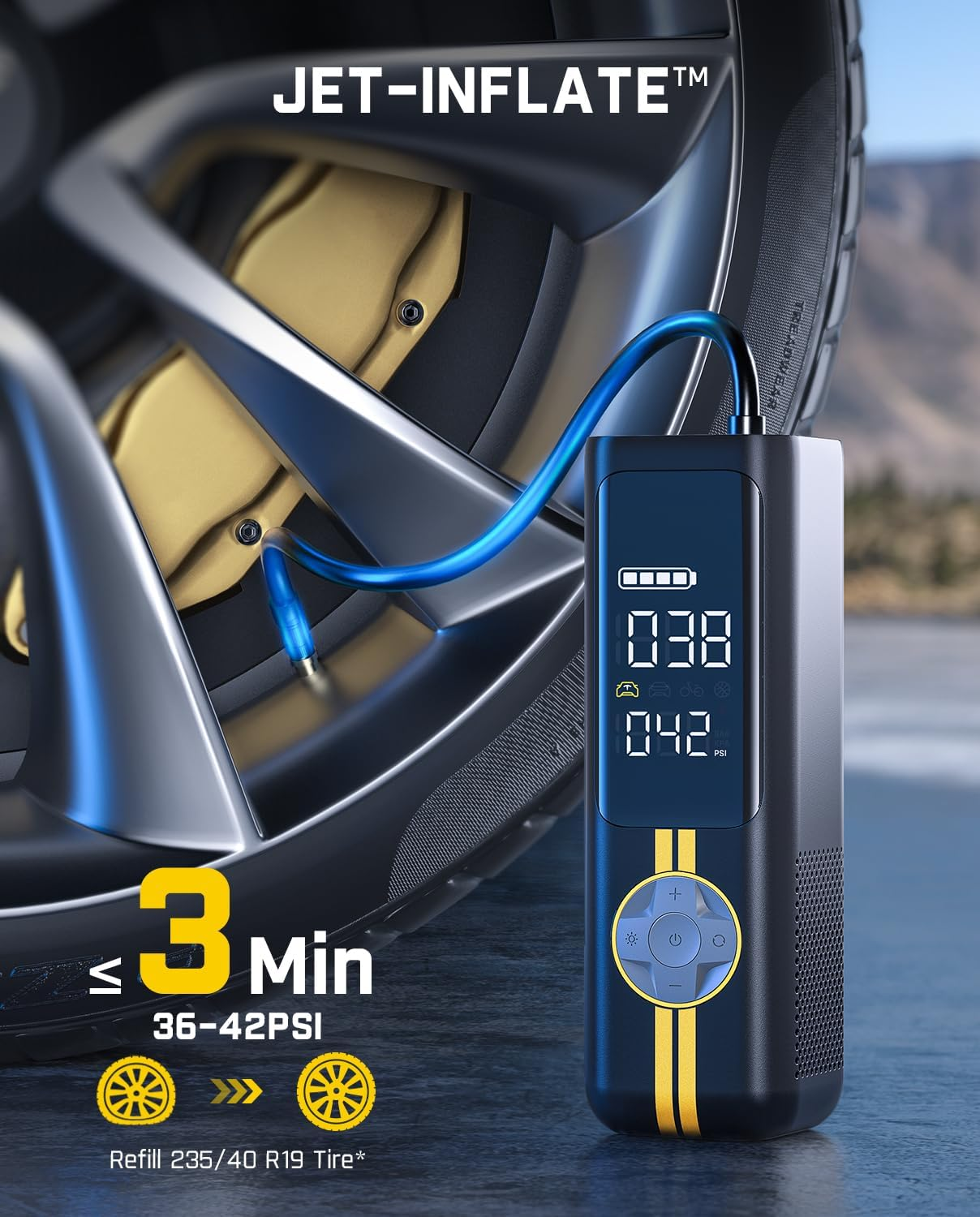 The Fanttik X8 APEX Set digital tire inflator by Fanttik displays 38 PSI during use, quickly refilling a 235/40 R19 tire from 36 to 42 PSI in under 3 minutes for rapid, precise inflation.