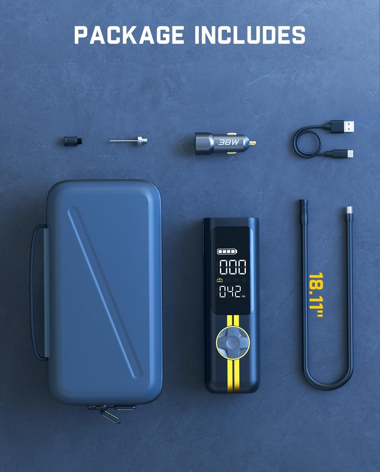 The Fanttik X8 APEX Set by Fanttik is shown on a gray surface with its tire inflator carrying case, digital air pump, adapter, needle, USB cable, 12V car adapter, and 18.11-inch air hose.