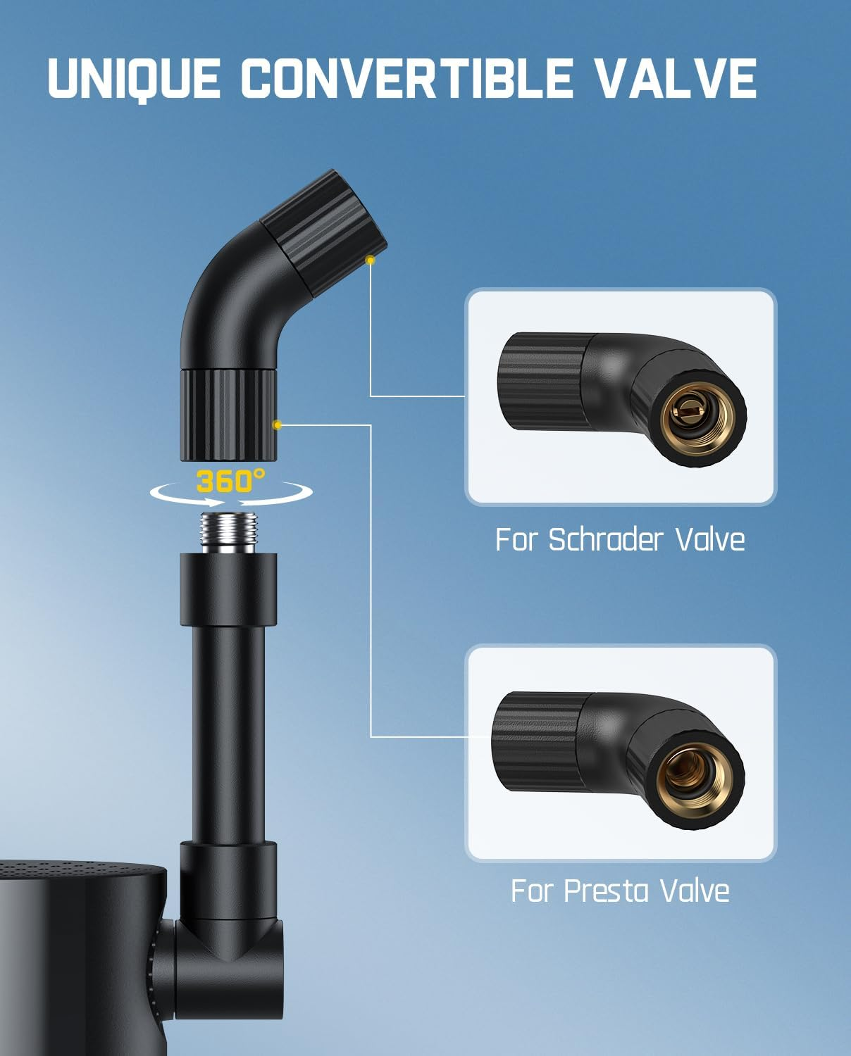 Diagram of the Fanttik X9 Ace Mini Air Pump's compact head with a 360° rotating valve, showing labeled images for Schrader and Presta valve compatibility. Brand: Fanttik.