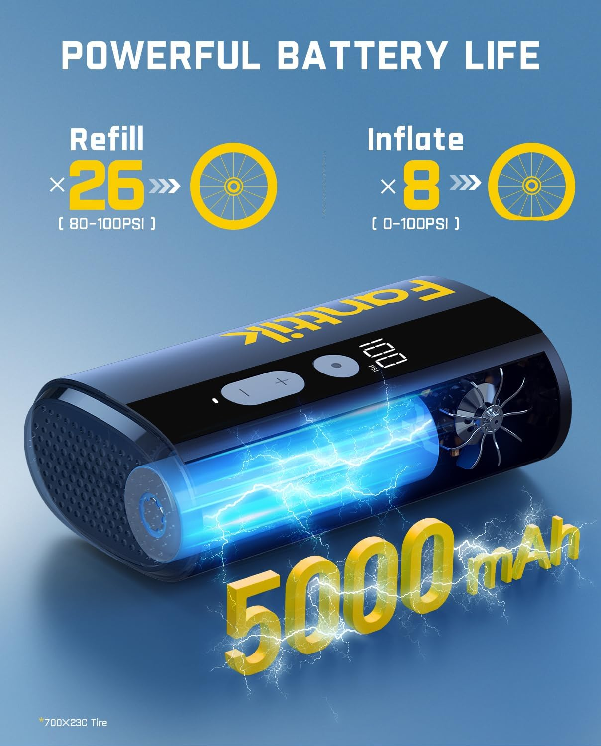The Fanttik X9 Ace Mini is a compact, portable air pump with a 5000mAh battery, digital controls, and blue lightning graphics. It inflates eBike tires up to 8 times or tops them off 26 times per charge.