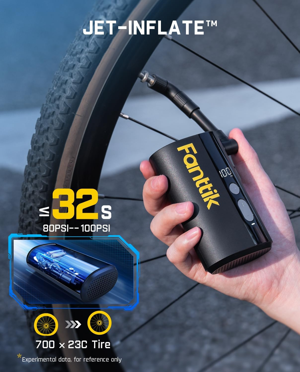 A person inflates a bicycle tire using the Fanttik X9 Ace Mini air pump by Fanttik, with graphics displaying inflation time and the pump’s internal mechanism.