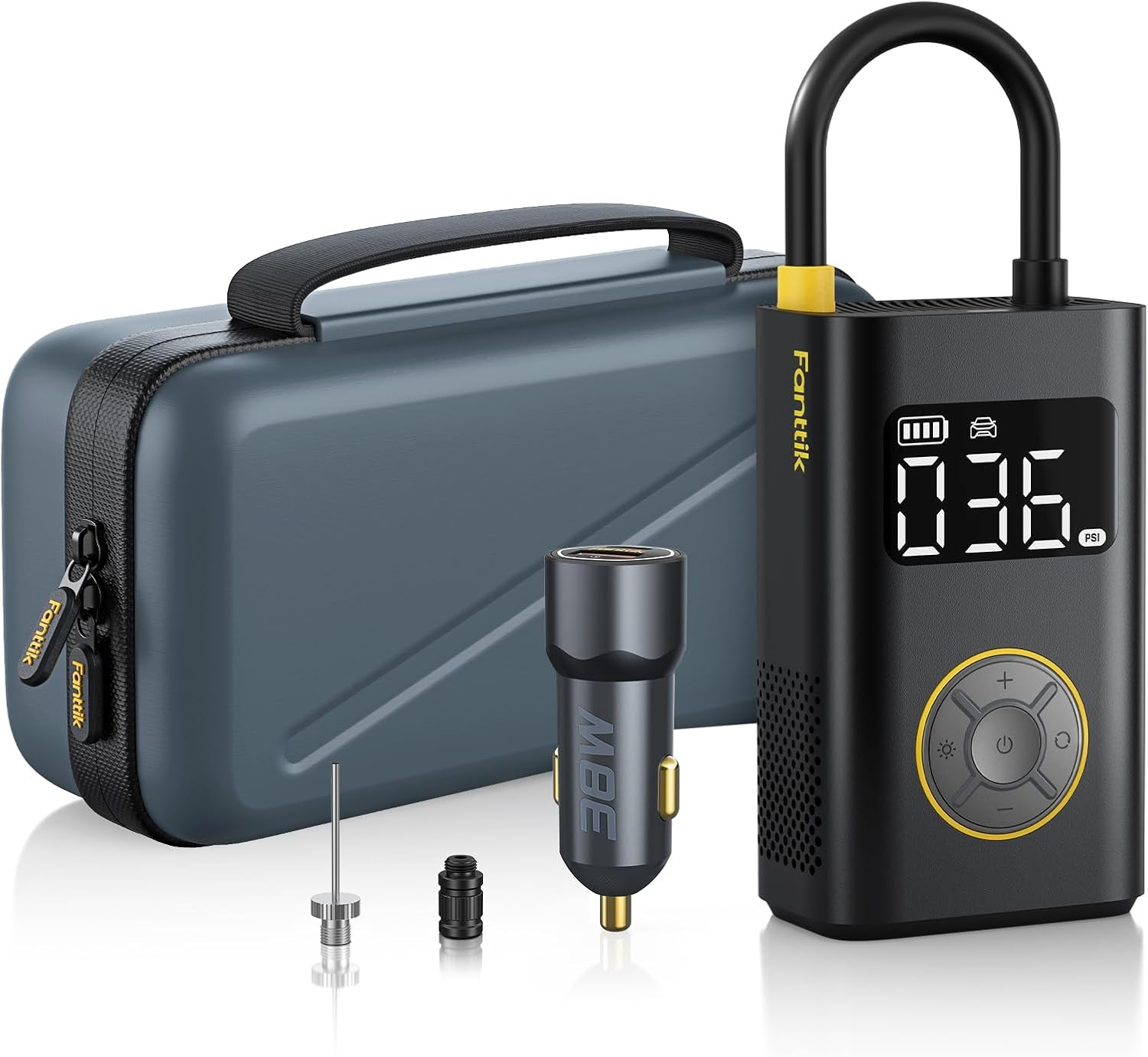 Fanttik X9 Pro Set portable air pump with storage case, power adapter, needle, and valve adapter. Features include intelligent control with display, control buttons, fast inflation, and a yellow Fanttik brand label.