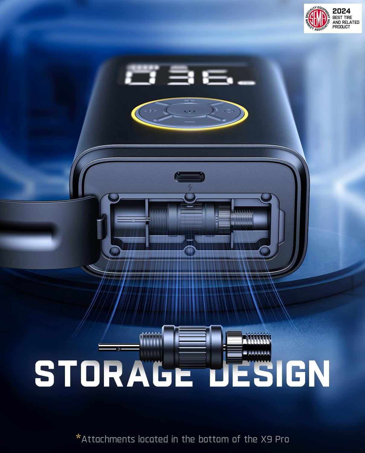 Close-up of the Fanttik X9 Pro Set Air Pump, a black portable inflator by Fanttik. Its open bottom compartment stores two cylindrical attachments for quick access, ensuring fast inflation anytime. "STORAGE DESIGN" is shown in the image.