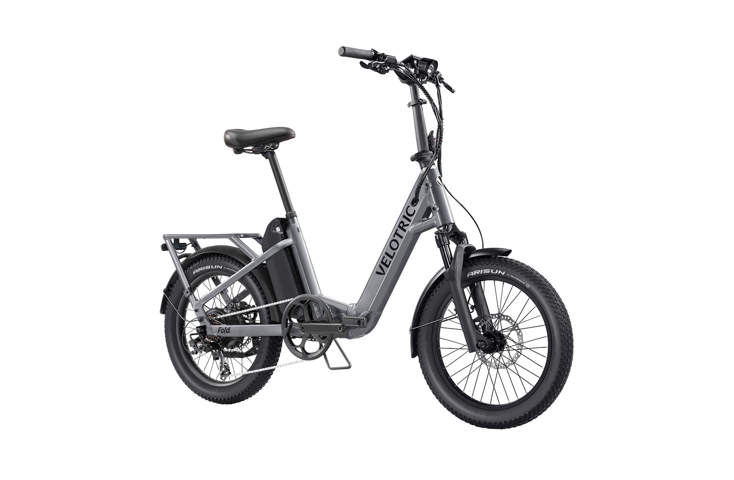 The Velotric Fold 1 Plus is a sleek gray eBike with a step-through frame, rear rack, front suspension, and thick tires. Its foldable design offers convenience and style for those on the move.