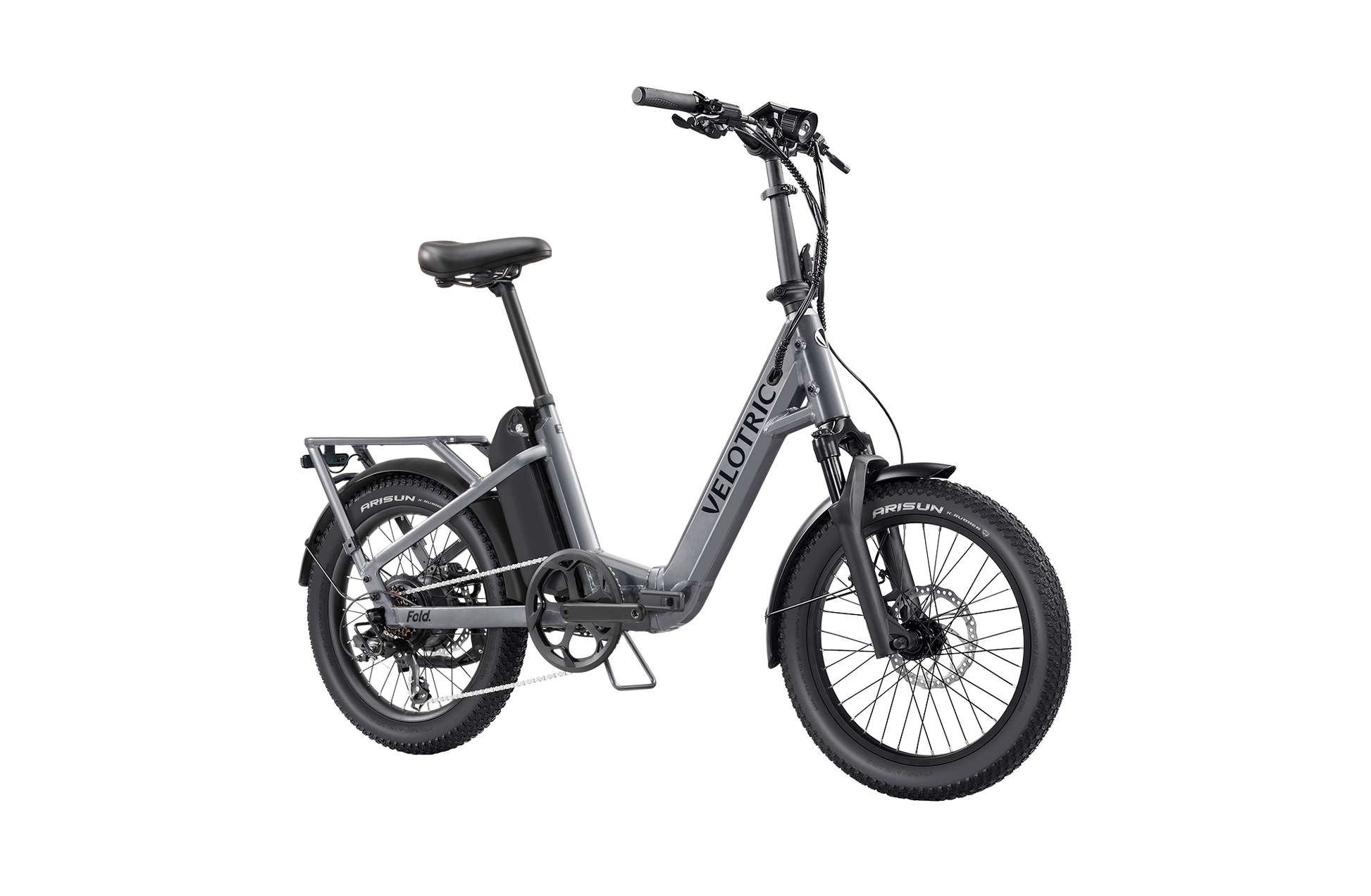 The Velotric Fold 1 Plus is a sleek gray eBike with a step-through frame, rear rack, front suspension, and thick tires. Its foldable design offers convenience and style for those on the move.