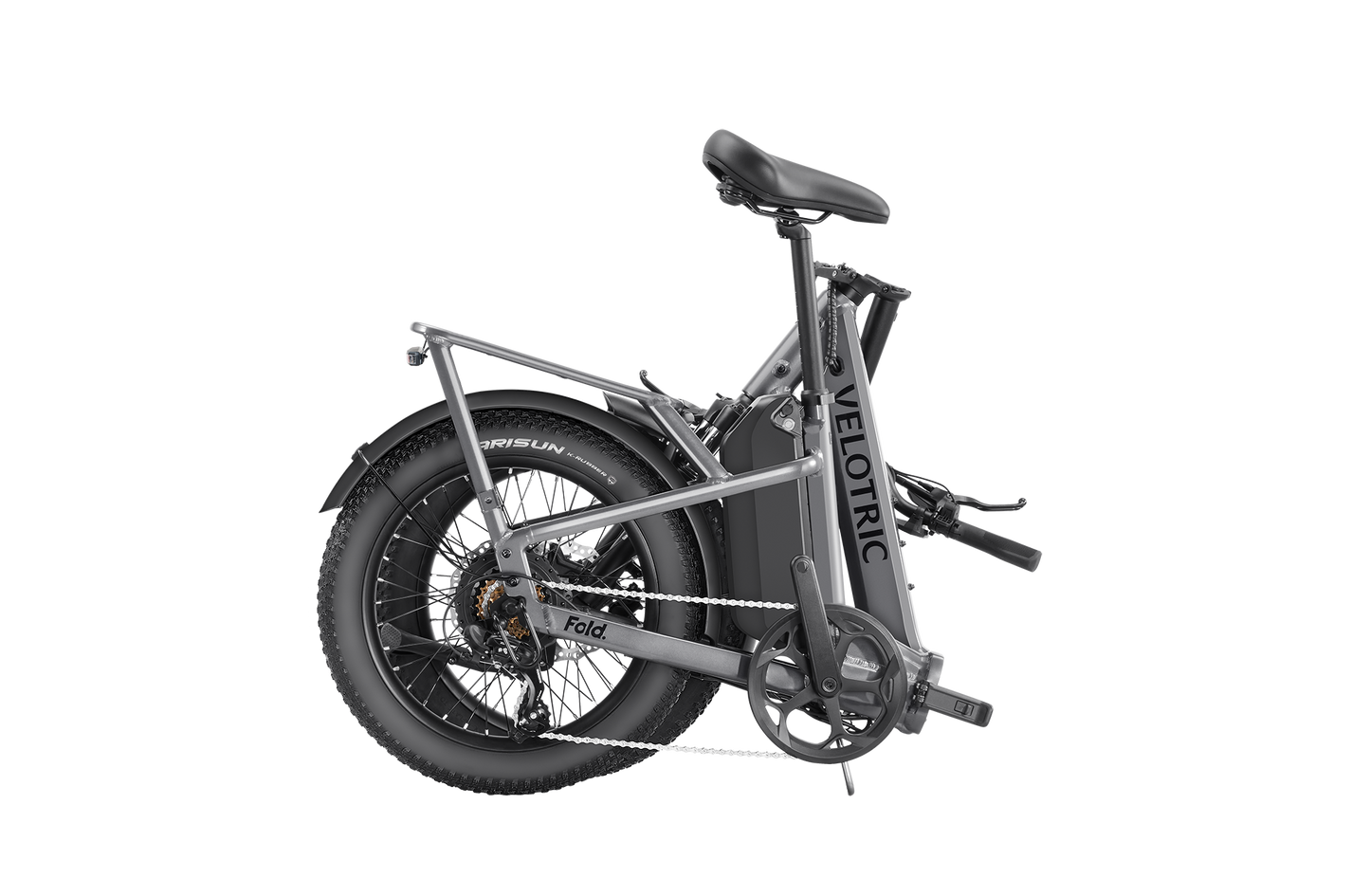 The Velotric Fold 1 Plus is a sleek foldable eBike, with a gray frame and black tires, elegantly folded and ready to unfold its powerful motor for an effortless ride.