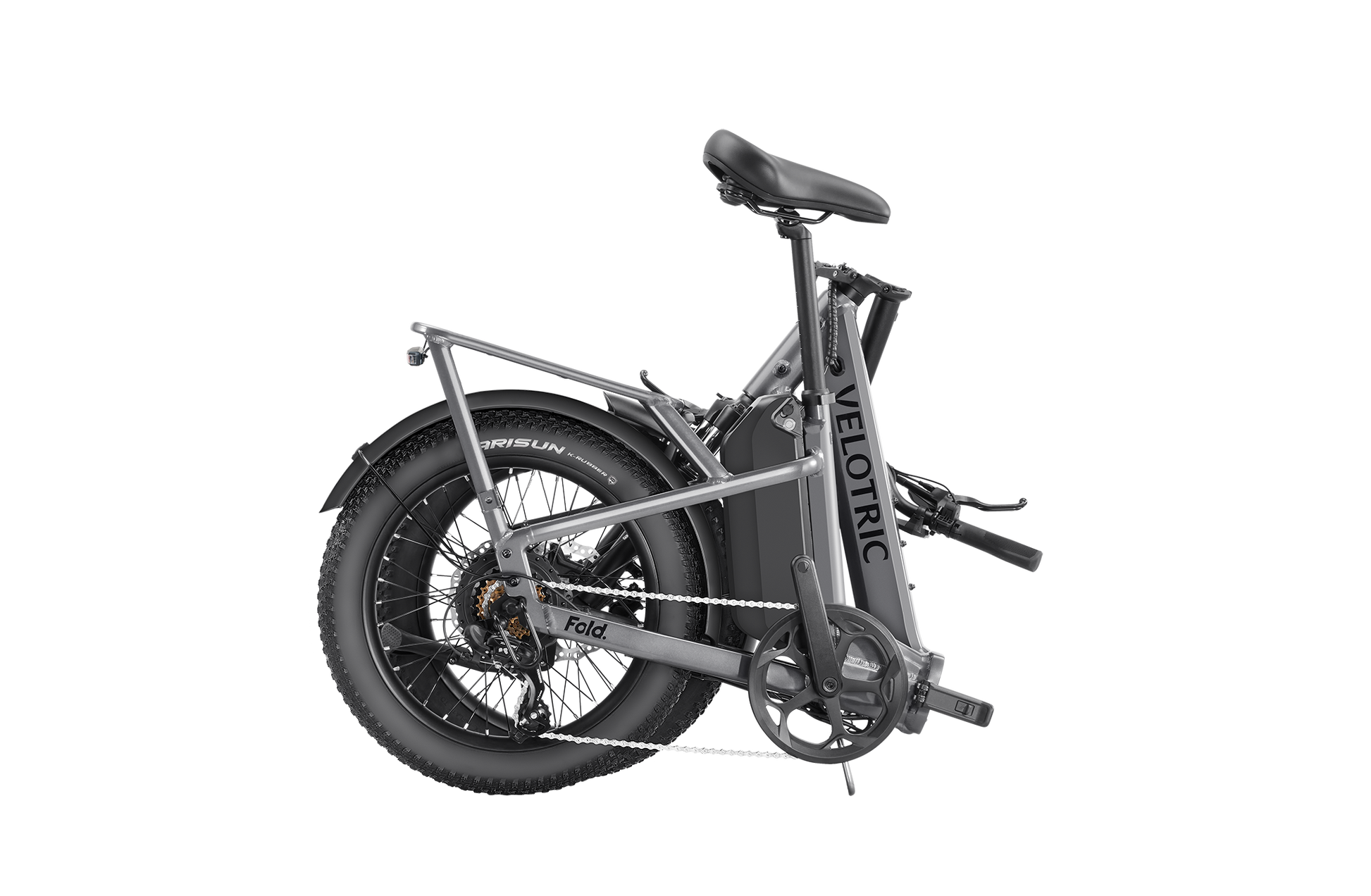 The Velotric Fold 1 Plus is a sleek foldable eBike, with a gray frame and black tires, elegantly folded and ready to unfold its powerful motor for an effortless ride.