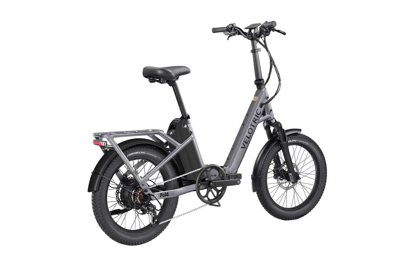 The Velotric Fold 1 Plus is a sleek silver eBike with thick tires, front and rear lights, a handy rear rack, and a foldable design for easy storage. It features a black seat and handlebars with "Velotric" branding on the frame.