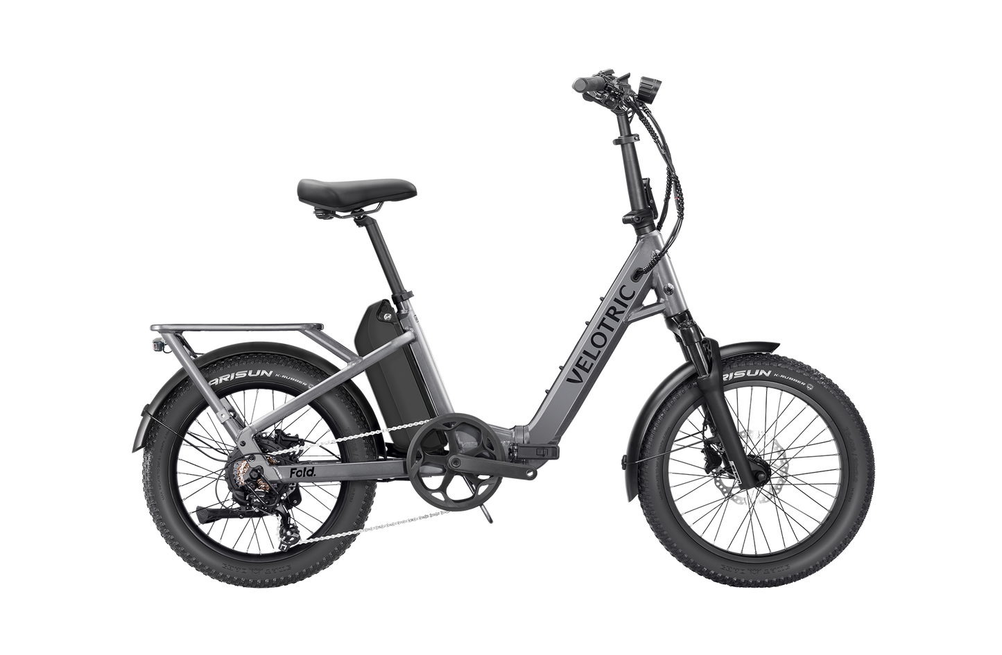 Introducing the Velotric Fold 1 Plus, a gray foldable eBike with a step-through frame, powerful motor, black saddle, and rear battery. Its compact wheels and straight handlebars offer a perfect blend of style and functionality for city commuting.