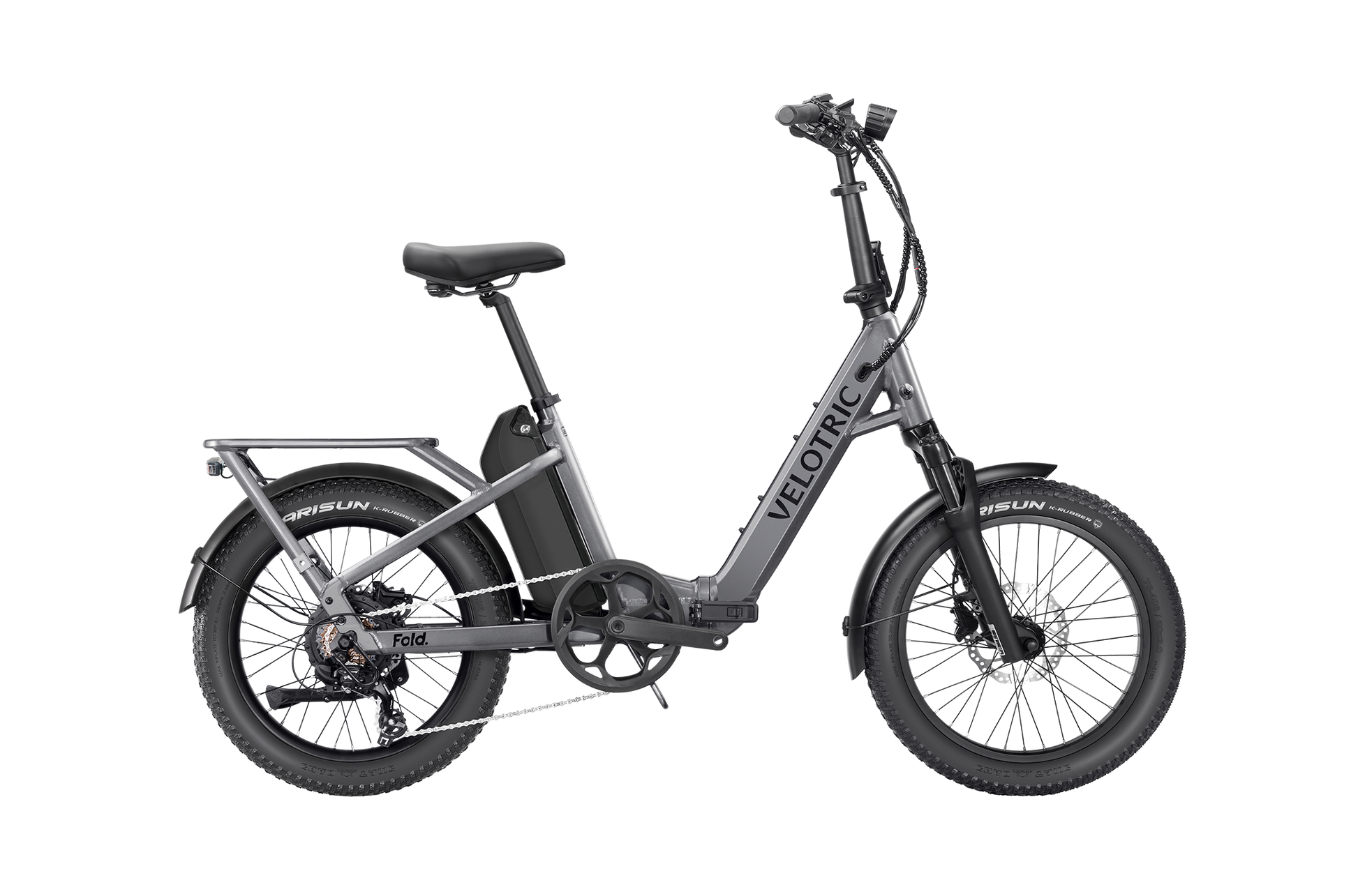 Introducing the Velotric Fold 1 Plus, a gray foldable eBike with a step-through frame, powerful motor, black saddle, and rear battery. Its compact wheels and straight handlebars offer a perfect blend of style and functionality for city commuting.