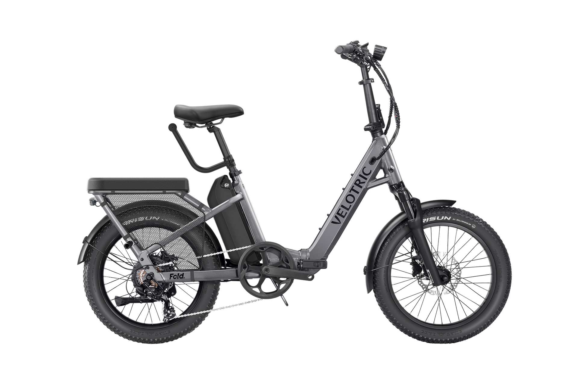Introducing the Velotric Fold 1 Plus, an elegant gray eBike with a step-through frame and wide tires. Its foldable design ensures easy storage, while the rear cargo rack enhances its practicality.