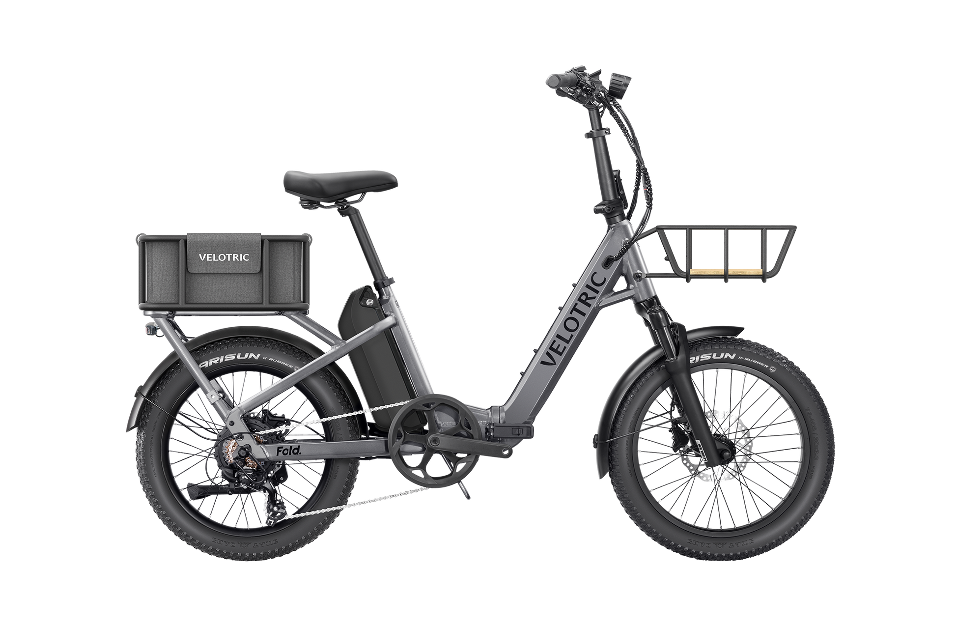 Meet the Velotric Fold 1 Plus: a stylish foldable eBike featuring a step-through frame, rear battery, and front and rear cargo racks. Its powerful motor ensures smooth rides, while the distinct Velotric branding enhances your journey's style.
