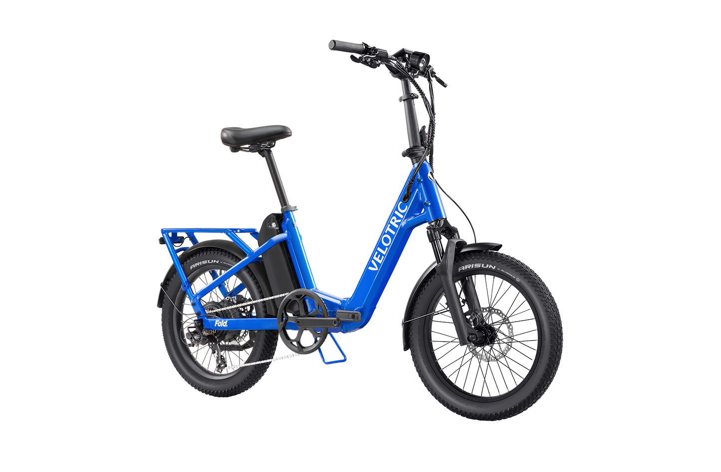 The Velotric Fold 1 Plus e-bike in blue features a powerful motor, thick tires, and a rear cargo rack against a crisp white background.